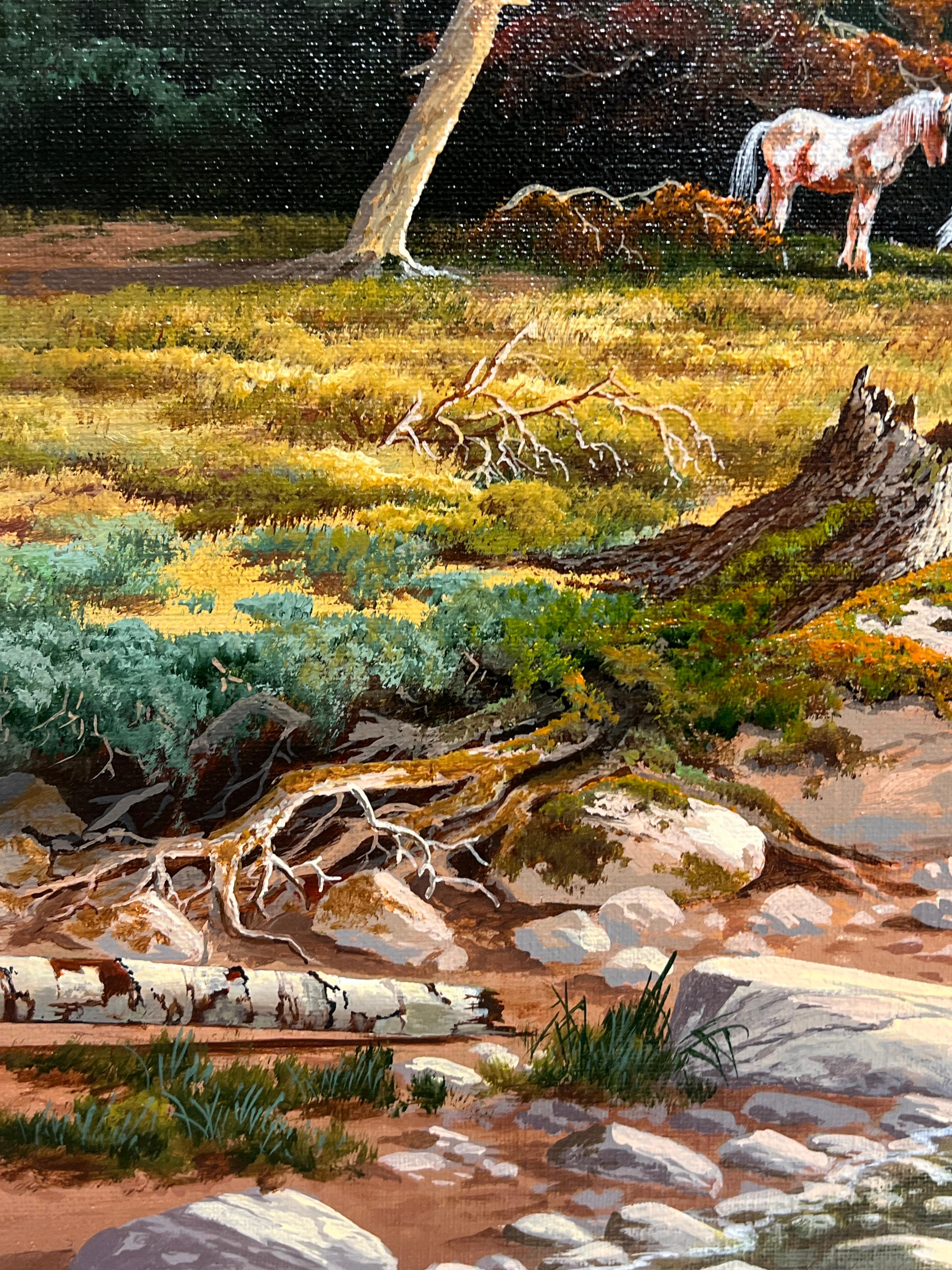 Großes britisches Ölgemälde Wildpferde in Dartmoor Waldlandschaft, signiert im Angebot 4