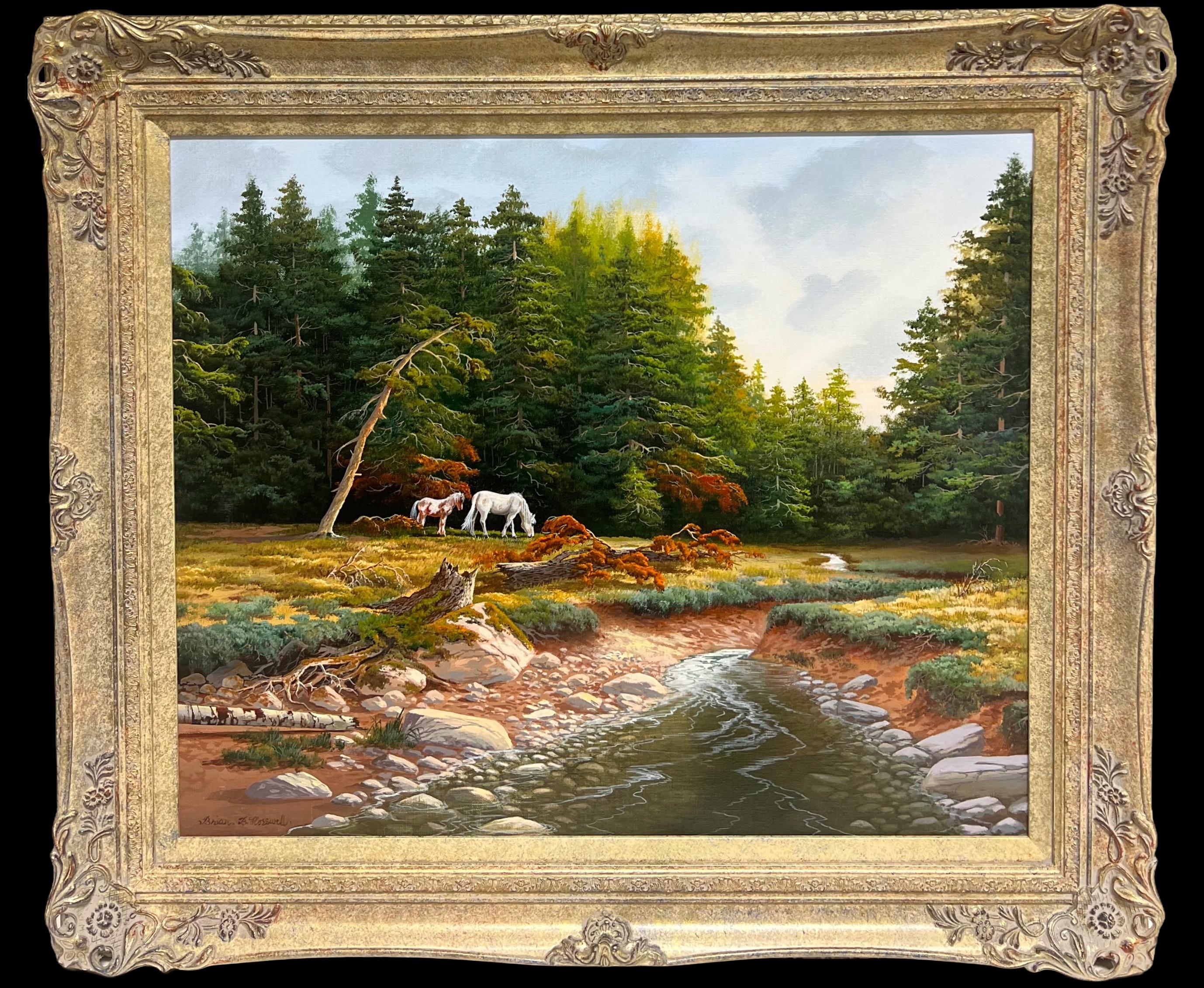 Großes britisches Ölgemälde Wildpferde in Dartmoor Waldlandschaft, signiert