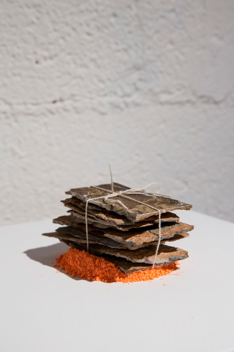 CINCHES (SPALLED BRICK) - industrial reductive minimalist sculpture, orange - Brown Abstract Sculpture by Brian Jobe