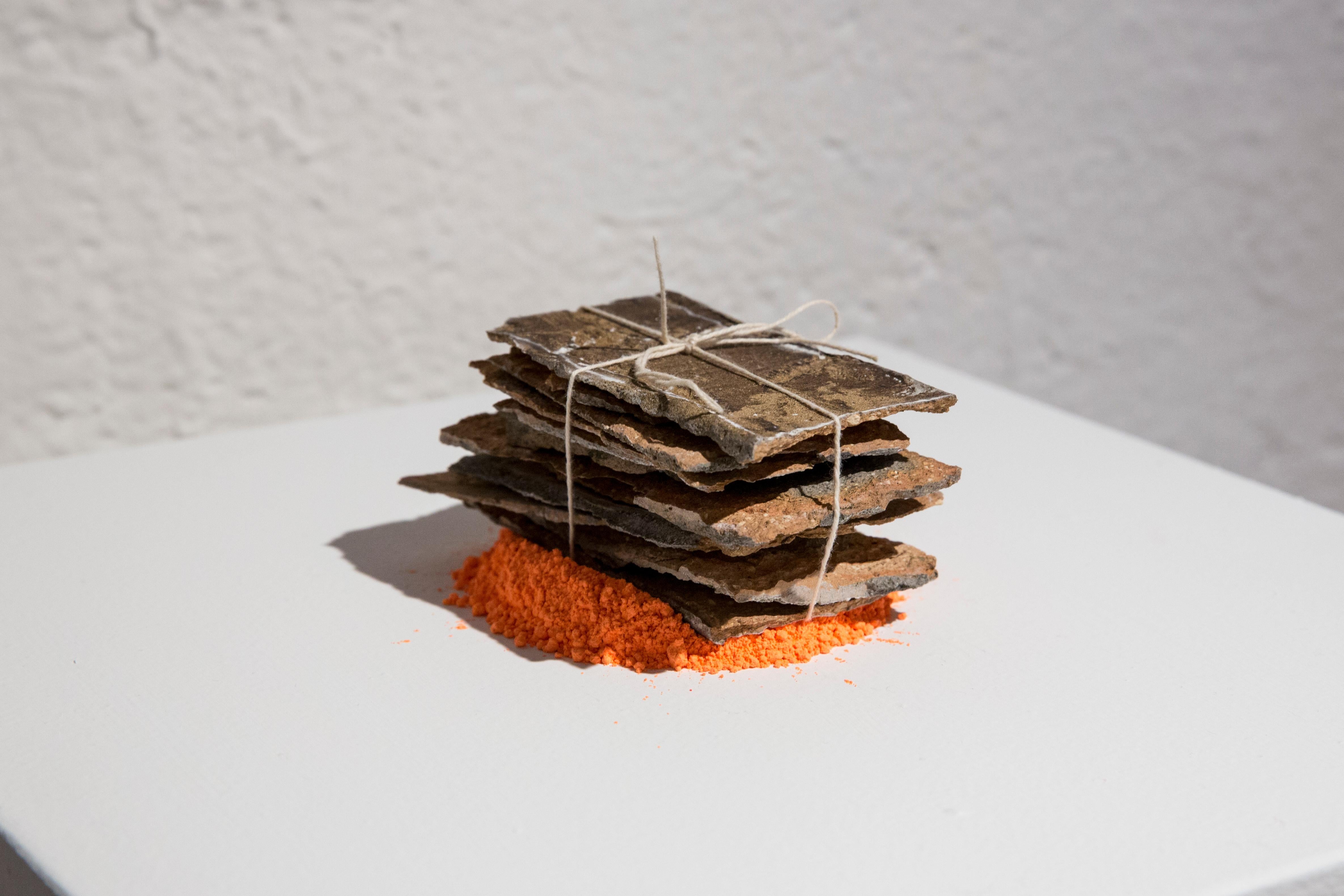 CINCHES (SPALLED BRICK) - industrial reductive minimalist sculpture, orange