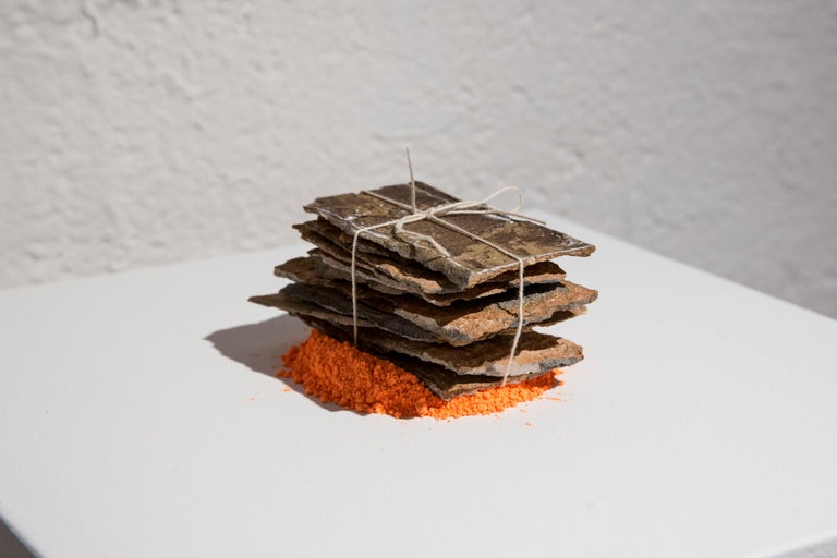 Brian Jobe Abstract Sculpture - CINCHES (SPALLED BRICK) - industrial reductive minimalist sculpture, orange