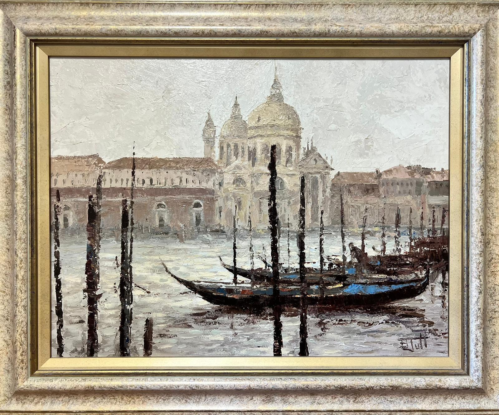 Venetian Scene With Gondolas
Brian Jull (British 1949)
signed oil painting on canvas, framed
framed: 24 x 30 inches
canvas: 18 x 24 inches
provenance: private collection, England 
condition: very good and sound condition 
