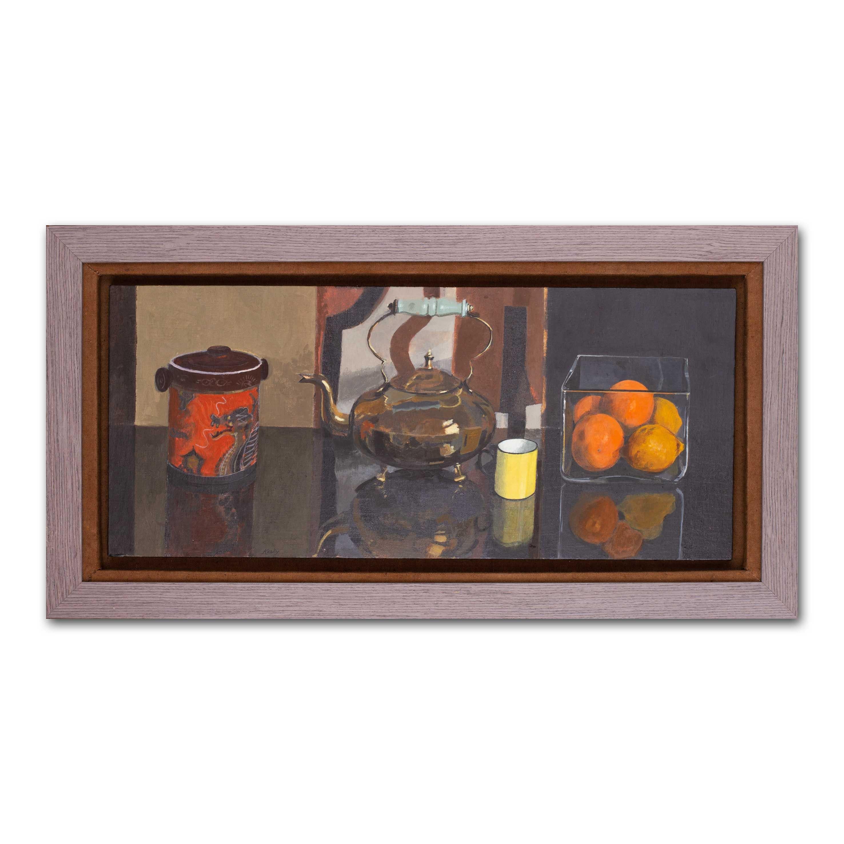 Brian Keany RSW (Scottish b.1939)
Still life on a glass table
Acrylic on canvas laid down on panel
Signed ‘Keany’ (lower left)
12 x 27.1/2 in. (30.5 x 70 cm.)

