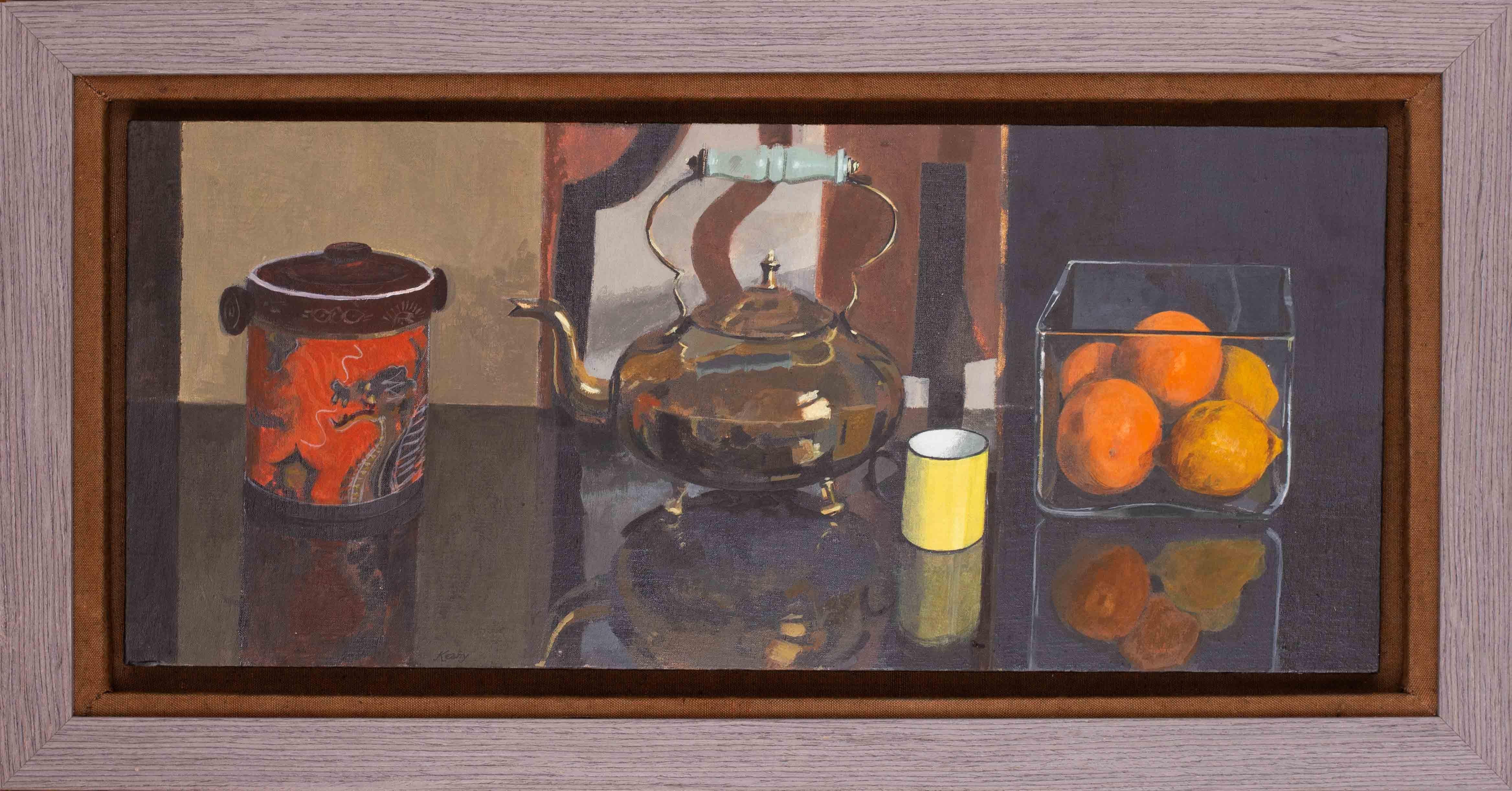 Brian Keany Still-Life Painting - Scottish 20th Century oil painting by Brian Kenny of teapot, oranges and lemons