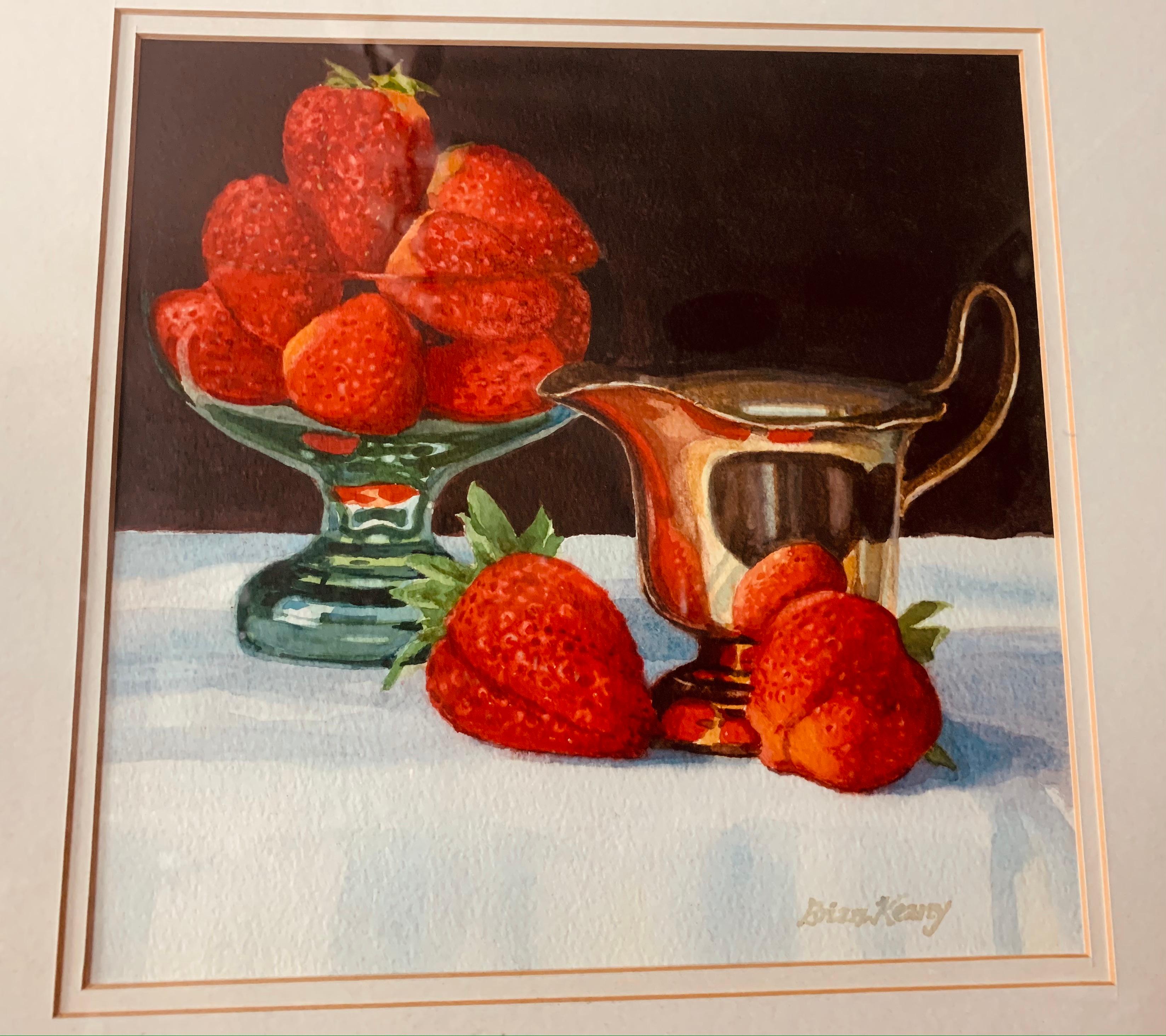 Still-life watercolour titled 'Strawberries' by Brian Keany (1945-2007). Painted in August 1996 and signed. The watercolour was bought from Gallery 41, 41 Dundas Street, Edinburgh, EH3 6QQ. The label is still present on the back of the