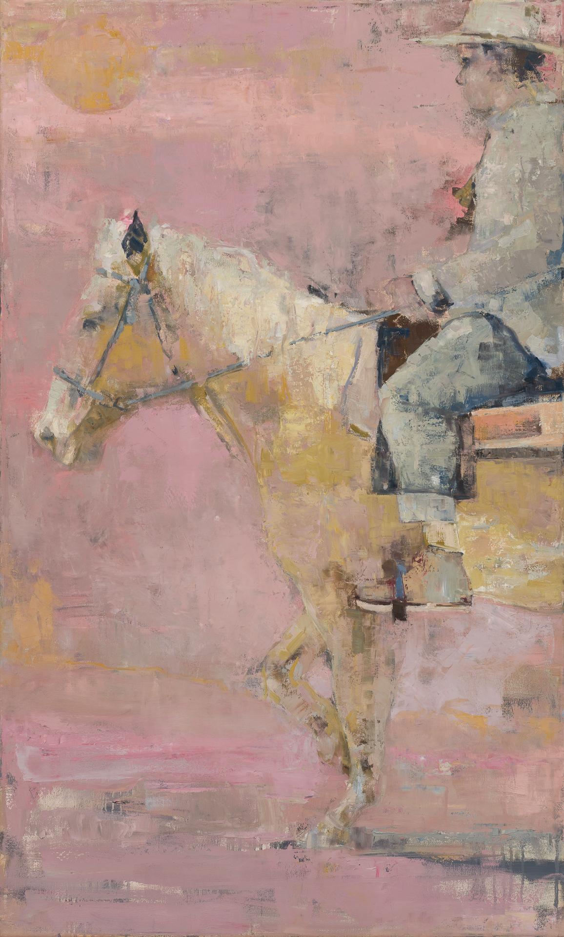 "Ángeles y vaqueros" - Pintura figurativa al óleo y cera con caballo