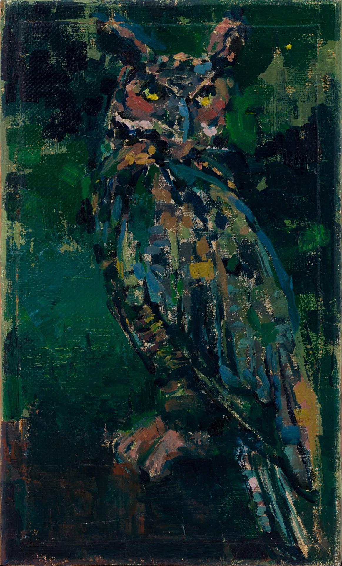 "Besos de mariposa para ti #3" - Óleo sobre lino Pintura de búho silvestre