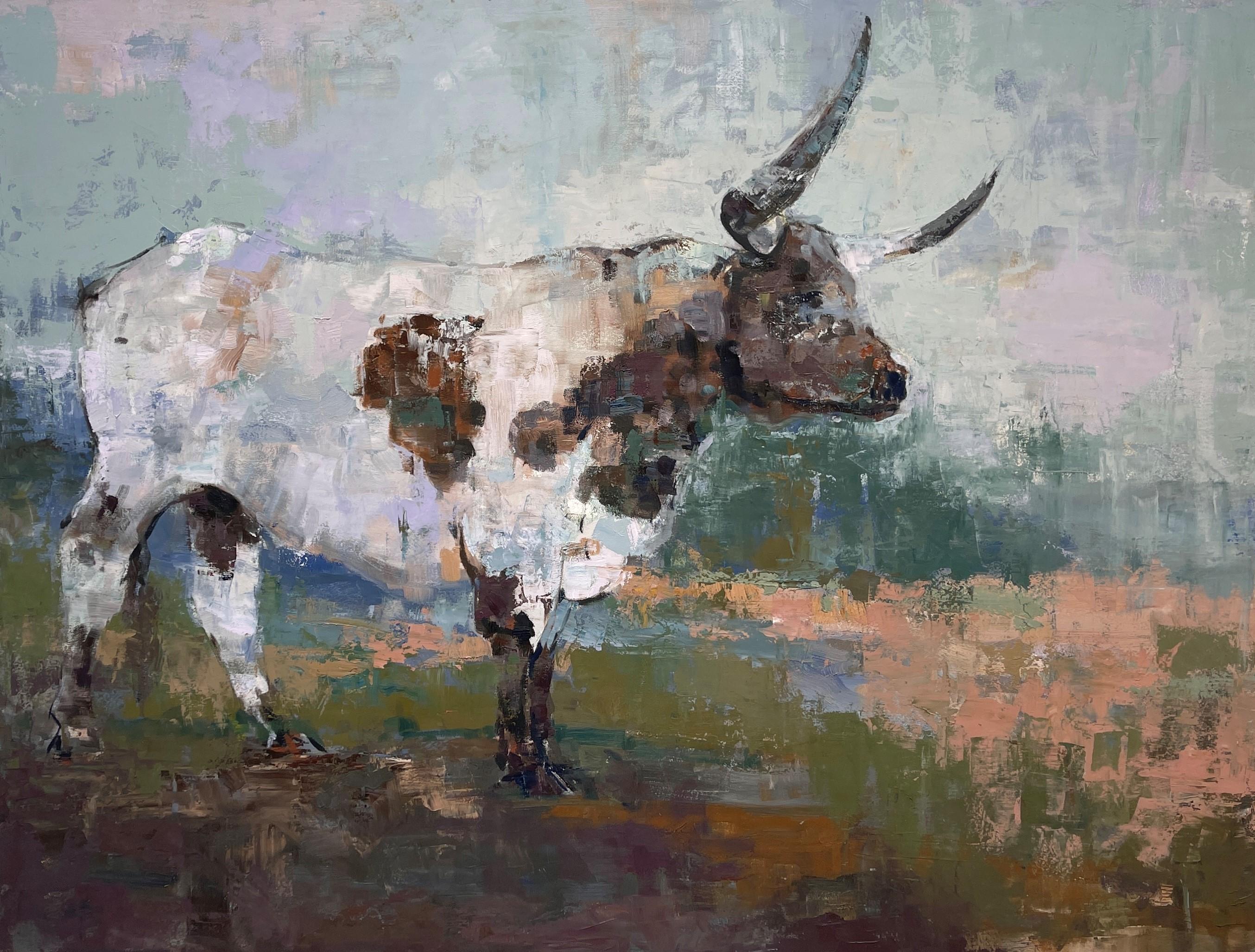 Brian Keith Stephens Figurative Painting - "Eye's To The Sky" Longhorn Under Open Sky, Original Oil & Wax Painting