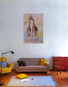 "Lazy Lovers" (2018) Expressionist Giraffe Portrait, Oil Painting on Canvas
