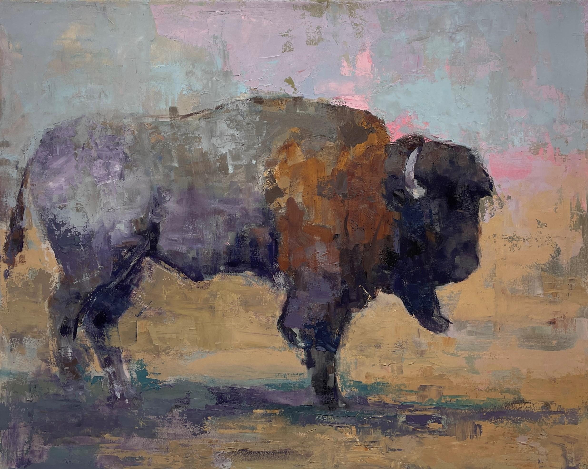 "Looks Like Sun" is an evocative original painting by Brian Keith Stephens, capturing the rugged spirit of a western buffalo. This piece, using oil and wax on cotton, measures 32 x 40 inches. The buffalo is portrayed against a backdrop of nuanced,