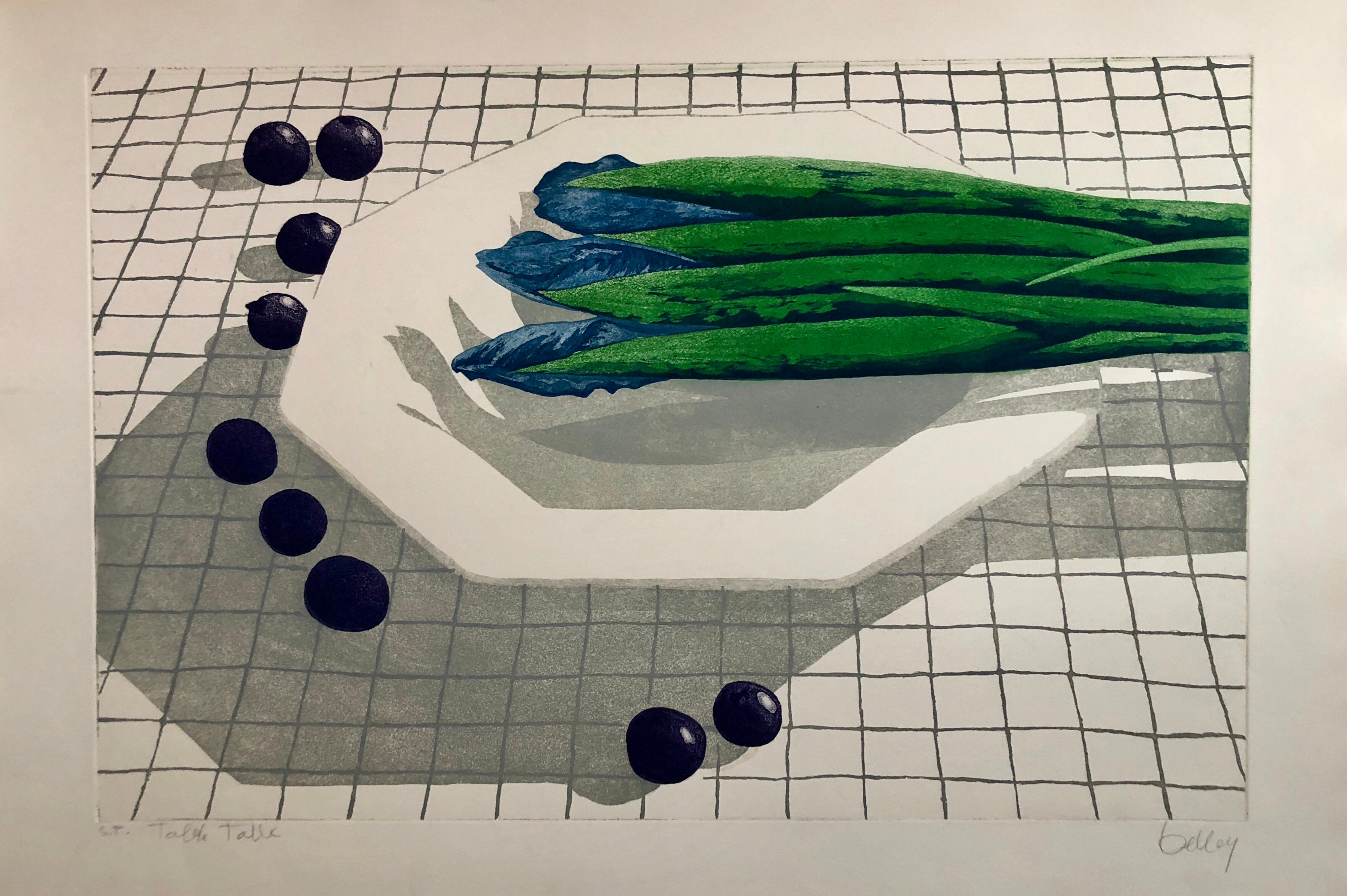 Brian Kelley Interior Print - Large Lithograph Still Life "Table Talk" Asparagus and Blueberries on Tablecloth
