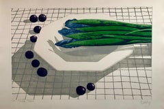 Vintage Large Lithograph Still Life "Table Talk" Asparagus and Blueberries on Tablecloth