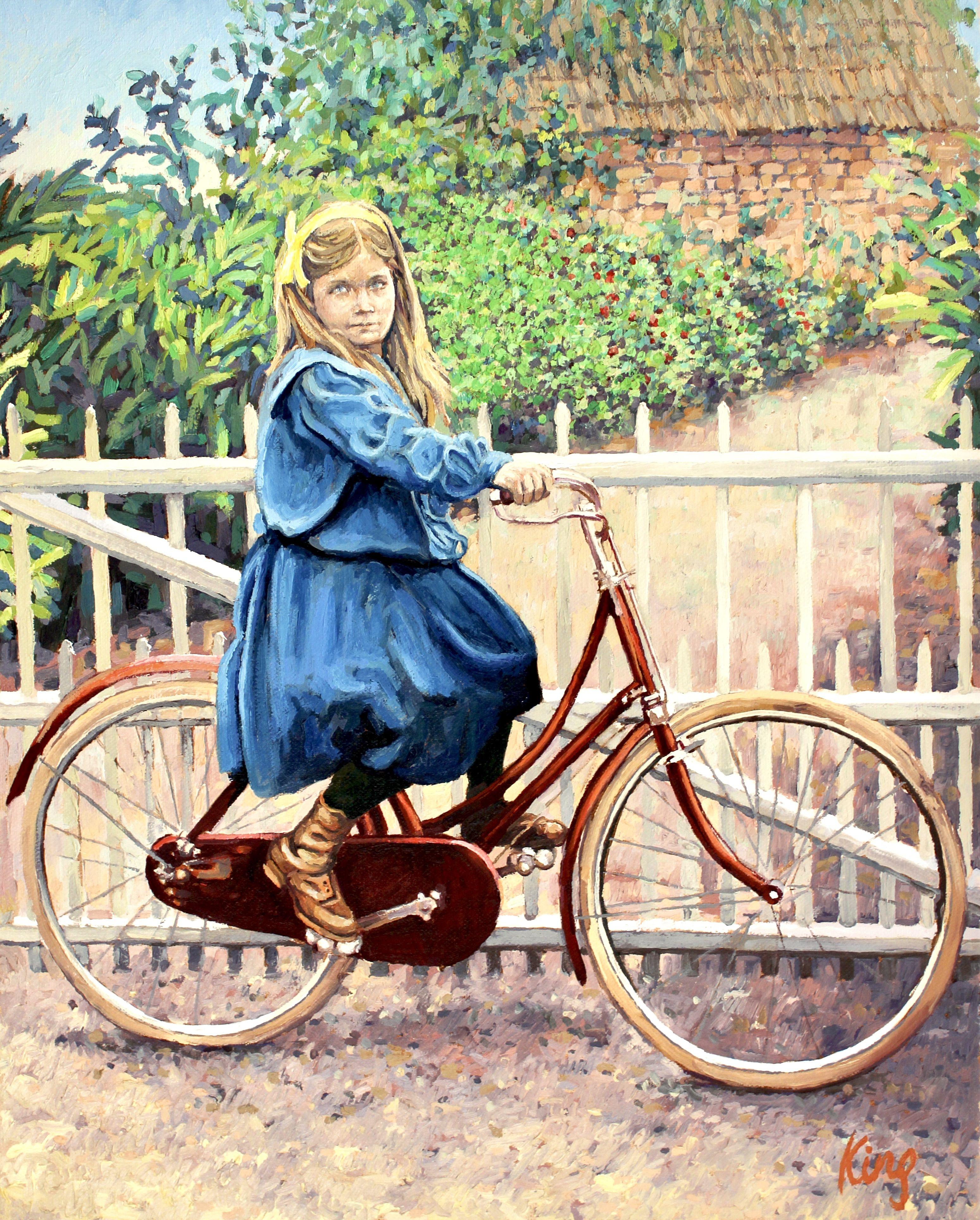 A girl with her prized bicycle in 1908, painted from a faded monochrome photograph. :: Painting :: English :: This piece comes with an official certificate of authenticity signed by the artist :: Ready to Hang: No :: Signed: Yes :: Signature