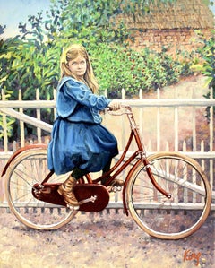 Mädchen mit ihrem Fahrrad, Gemälde, Öl auf Leinwand