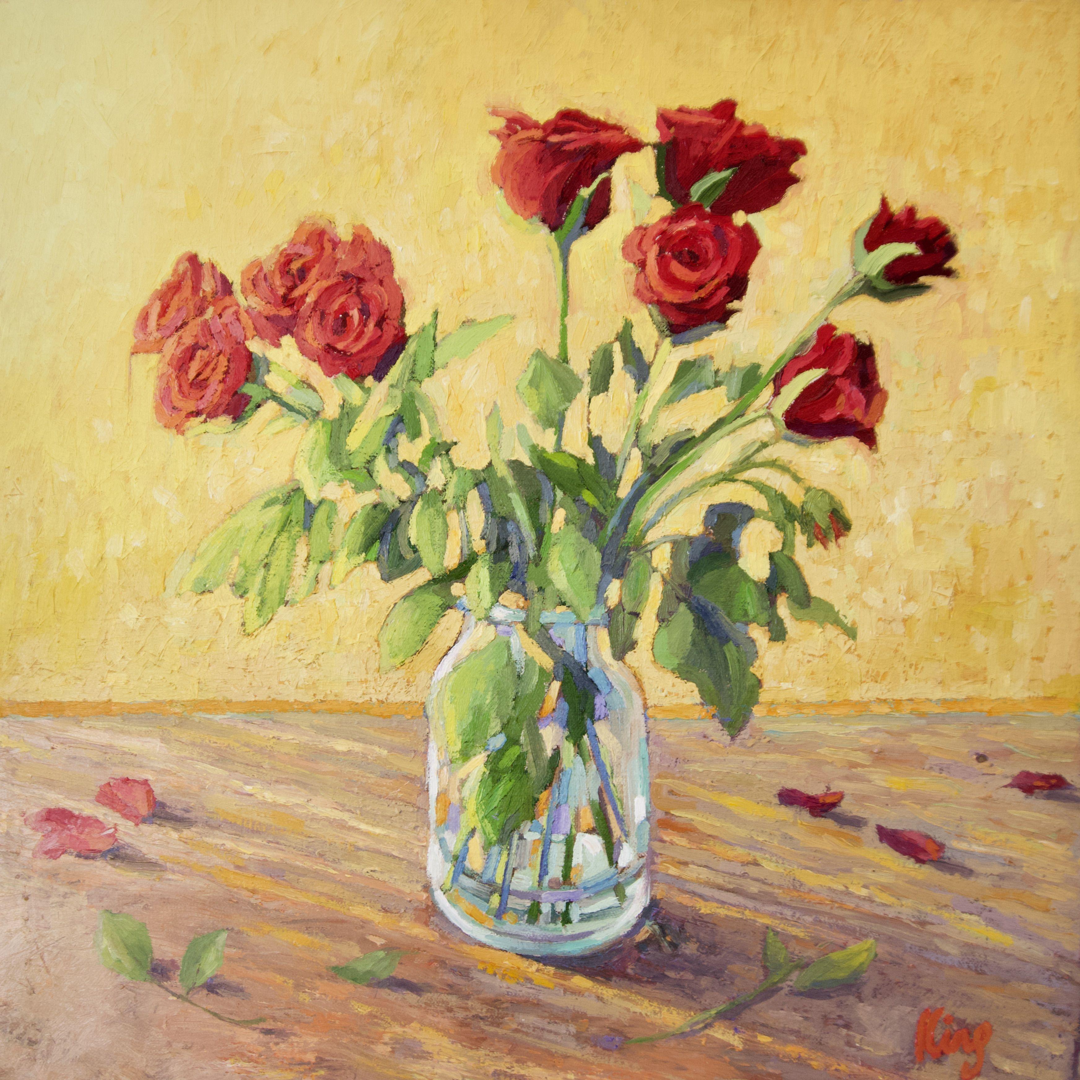 Some red roses in a glass vase that I painted for a video I was making. :: Painting :: English :: This piece comes with an official certificate of authenticity signed by the artist :: Ready to Hang: Yes :: Signed: Yes :: Signature Location: bottom