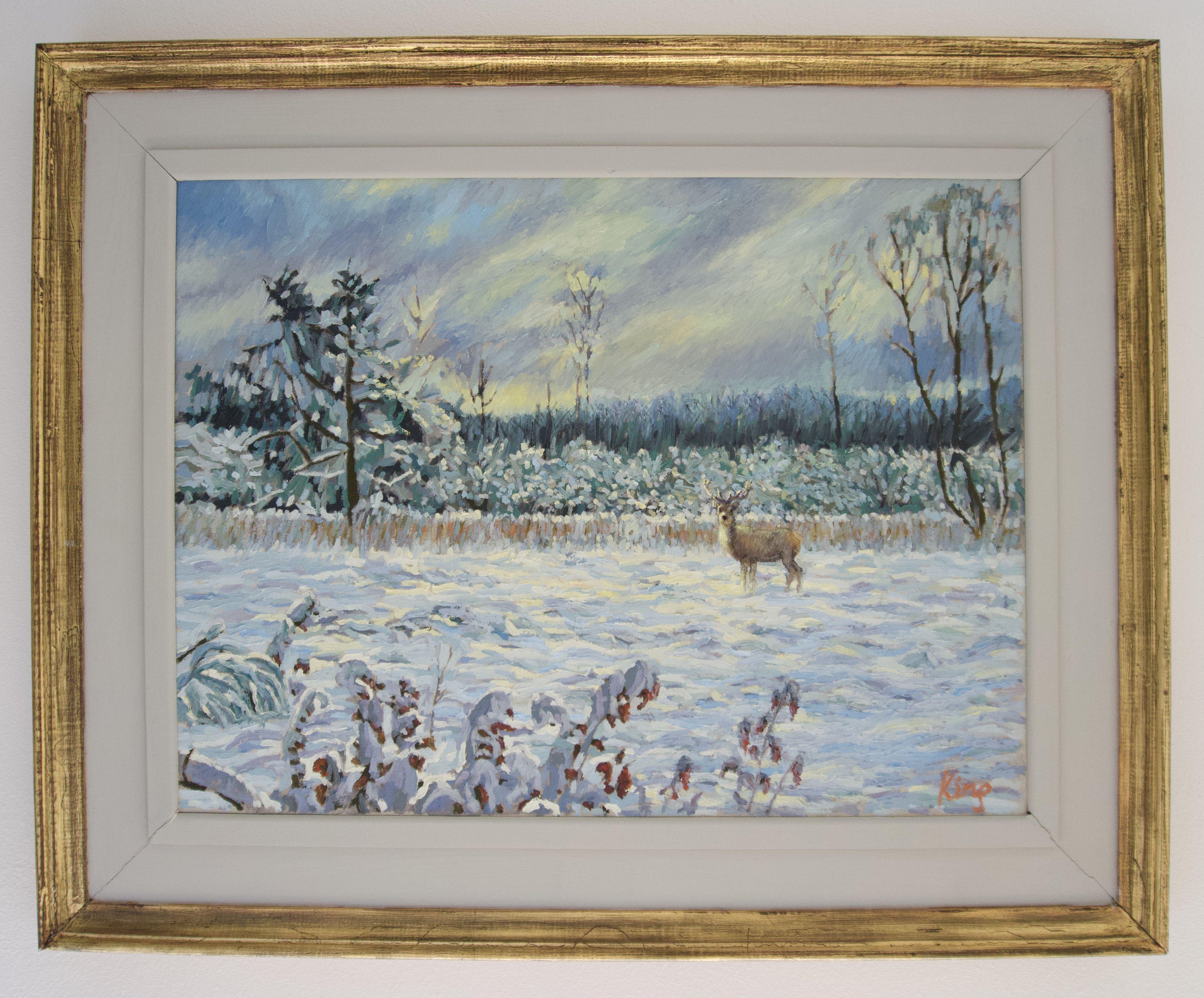 Paysage enneigé avec cerf et cerf, peinture, huile sur toile - Impressionnisme Painting par Brian King