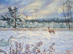 Snowy Landscape with Stag, Painting, Oil on Canvas