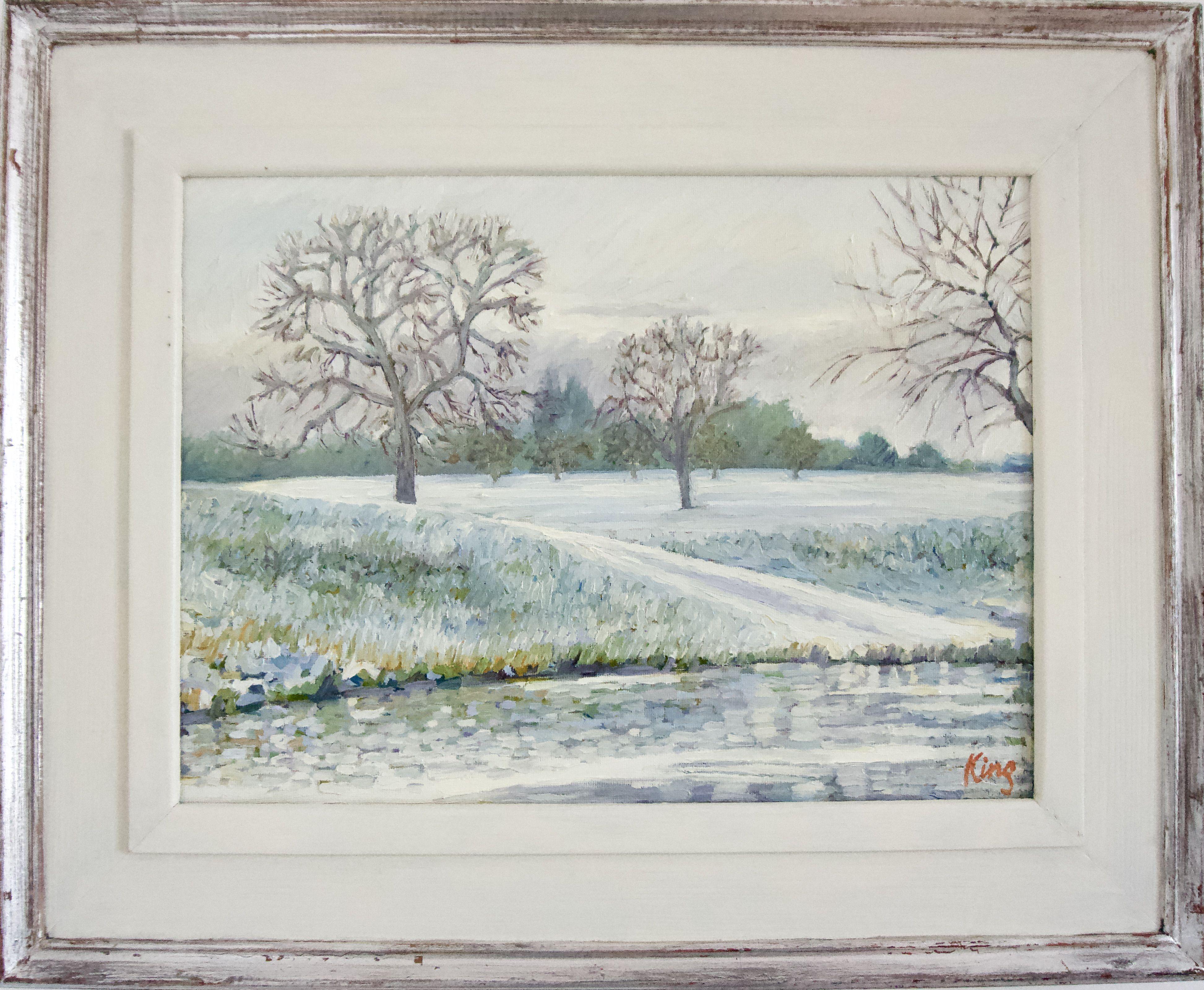 A cold but rather beautiful scene which I have tried to convey with subtle, silvery shifts of colour. Painted in oils on canvas and offered for sale framed. :: Painting :: Impressionist :: This piece comes with an official certificate of