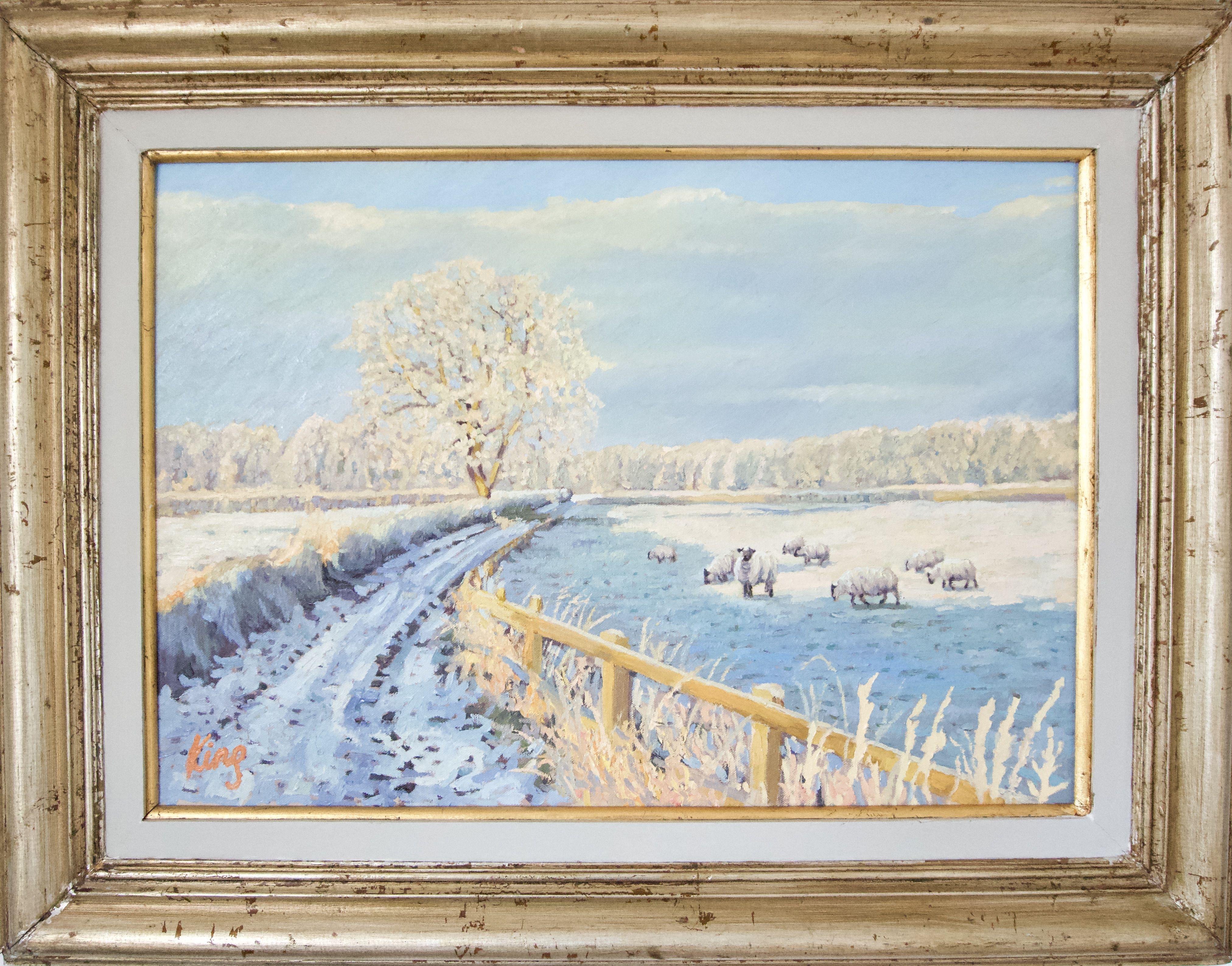 Paysage d'hiver avec moutons, peinture, huile sur toile - Impressionnisme Painting par Brian King