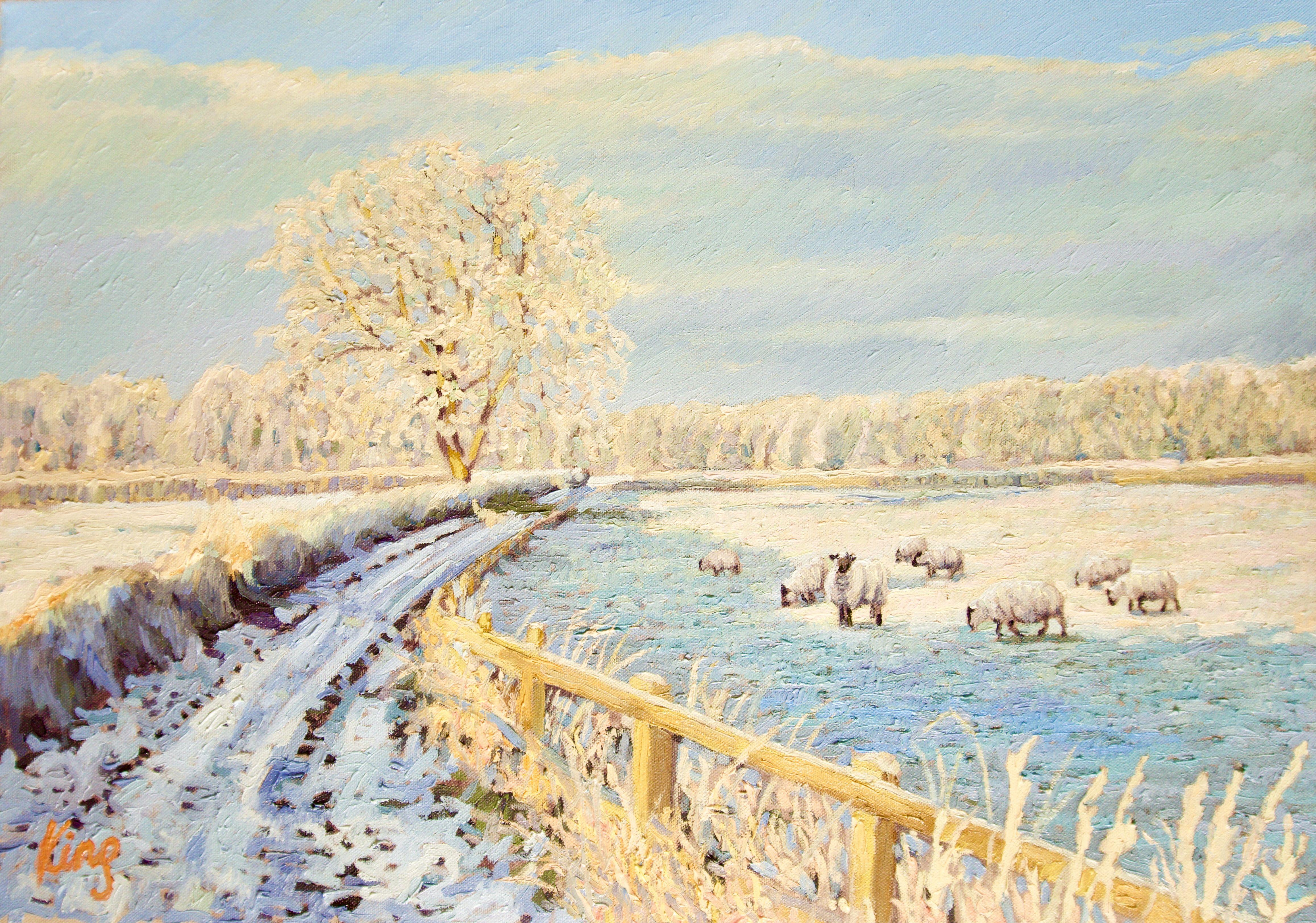 Paysage d'hiver avec moutons, peinture, huile sur toile - Painting de Brian King