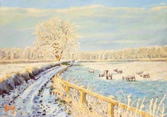 Winter Landscape with Sheep, Painting, Oil on Canvas