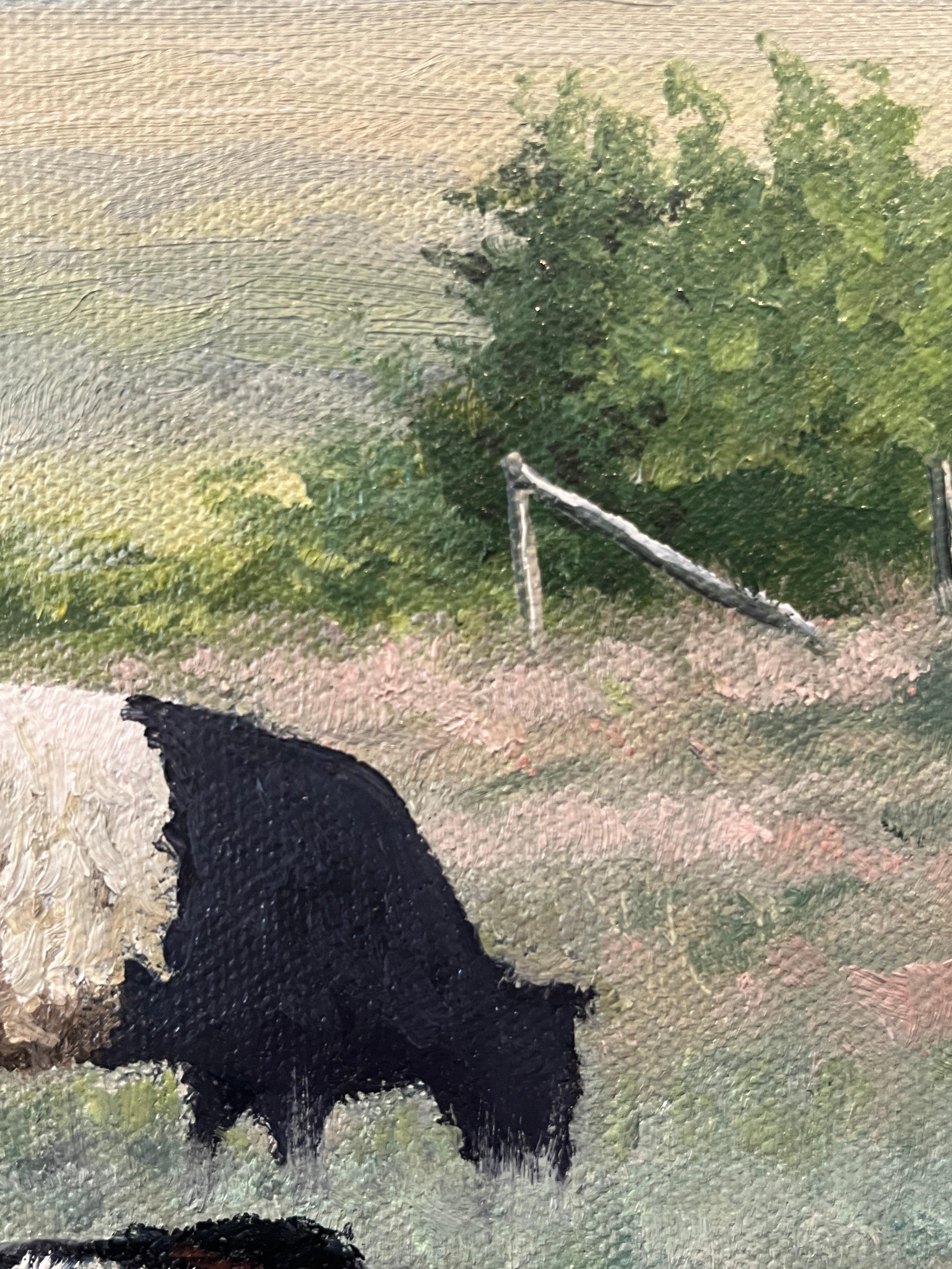 This piece is an original oil on canvas painting by Maine artist Brian Kliewer. Kleiwer paints the landscapes around his home in coastal Maine. Here he has painted the Belted Galloway cows that are seen in the area as they are hearty enough to