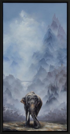 "Asian Elephant Standing Before Hazy Blue Mountains" Original oil painting