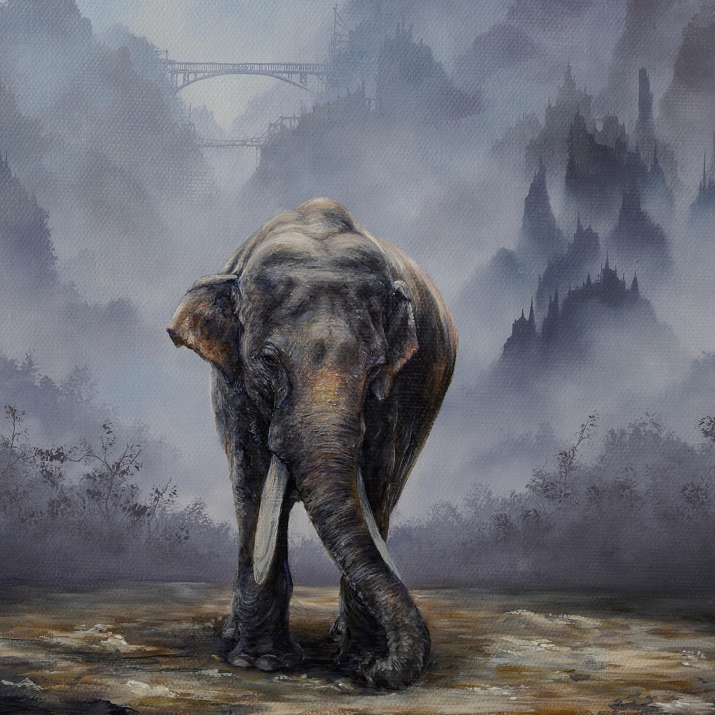 „ Asiatisches Elefant, das vor Hazy Blue Mountains steht“, Original-Ölgemälde im Angebot 1