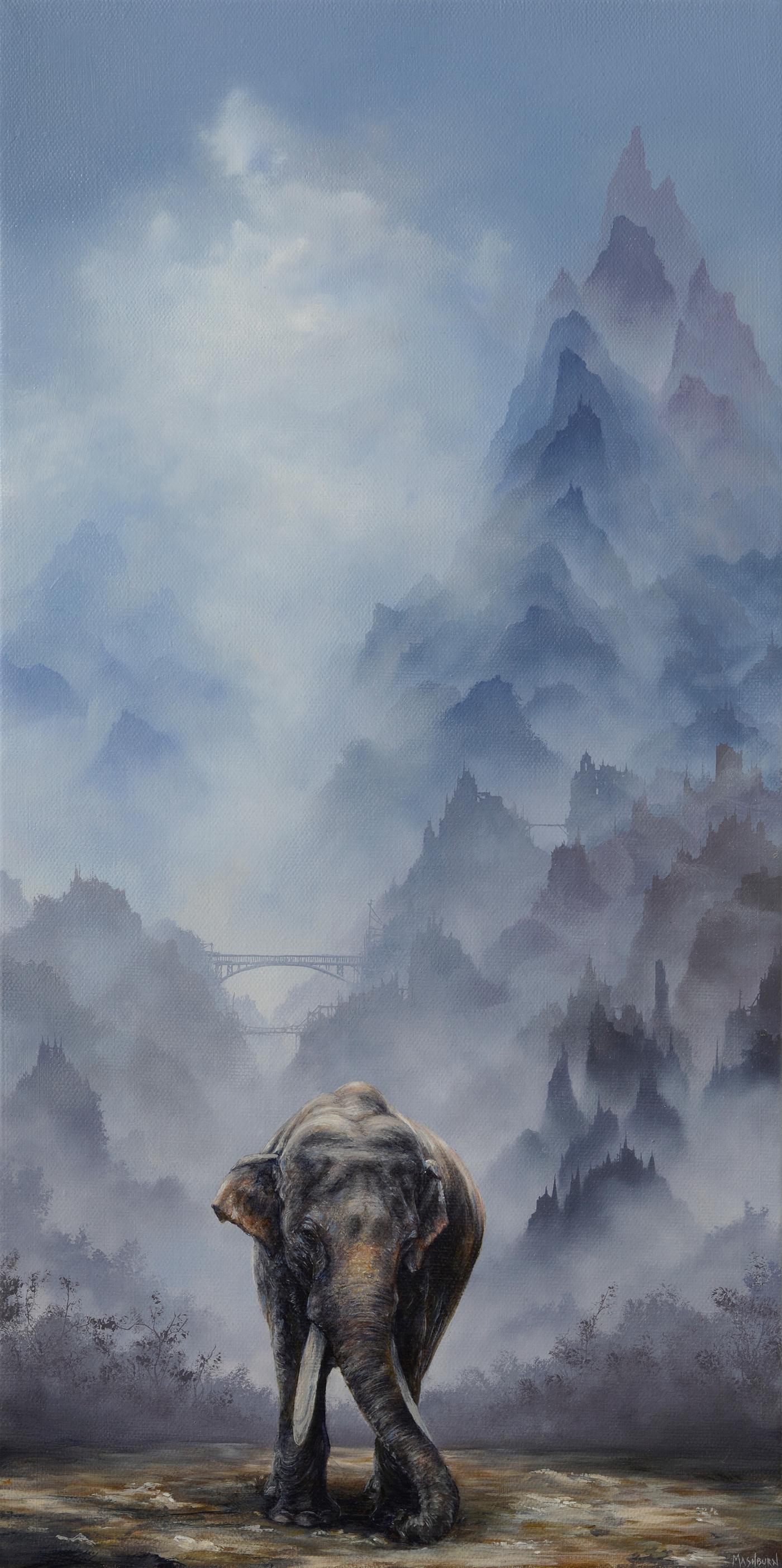 Brian Mashburn Landscape Painting – „ Asiatisches Elefant, das vor Hazy Blue Mountains steht“, Original-Ölgemälde