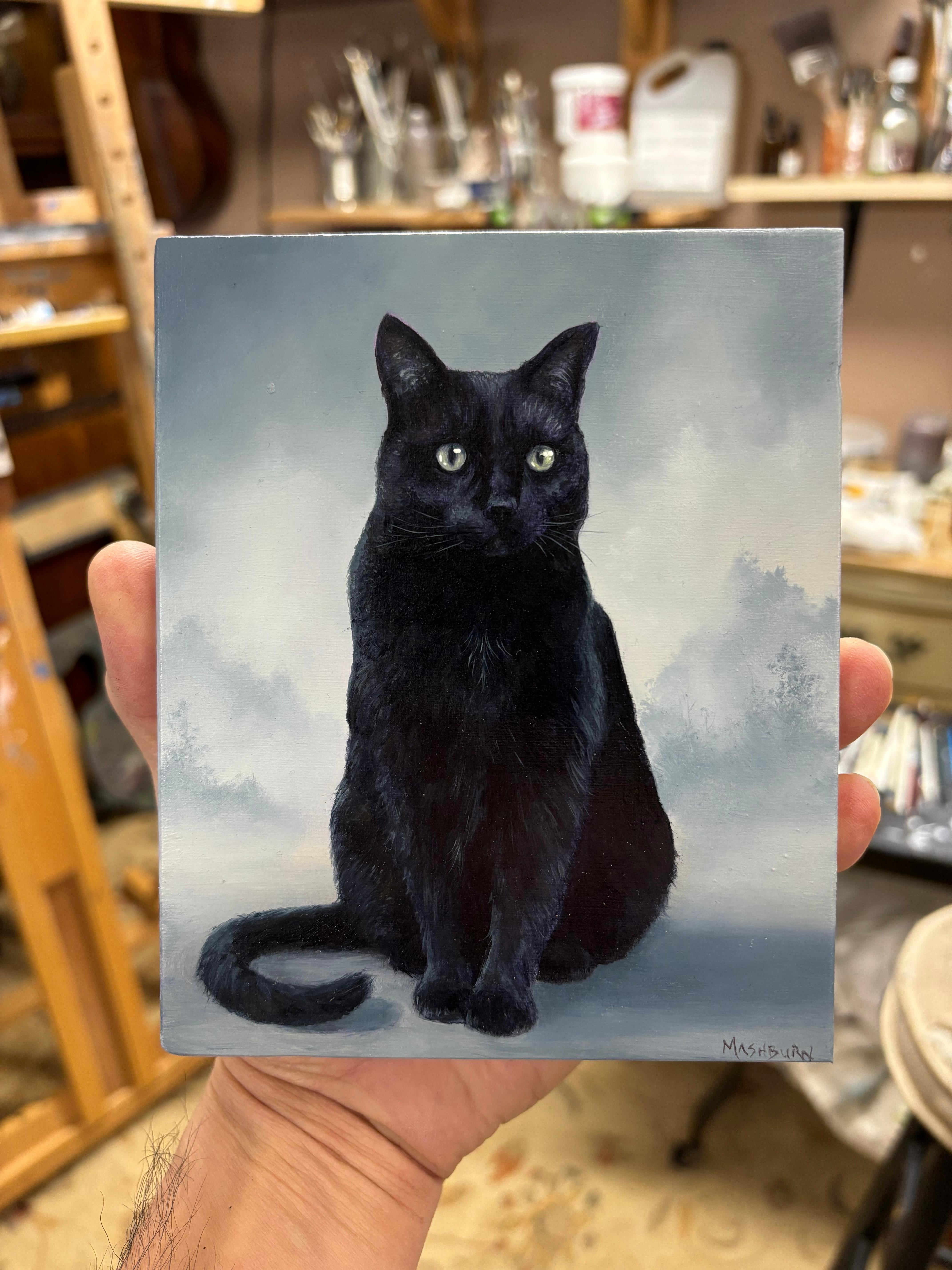 „Schwarze Katze“ (2024) von Brian Mashburn, Original-Ölgemälde auf Holz 3