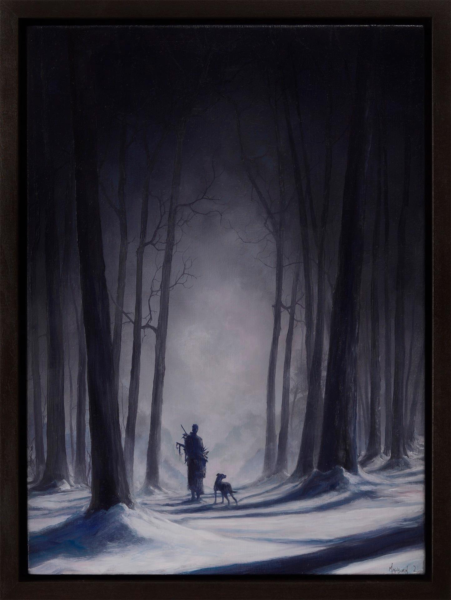 Boy with Dog in the Forest at Night - Painting by Brian Mashburn