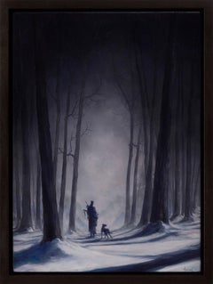 Boy with Dog in the Forest at Night