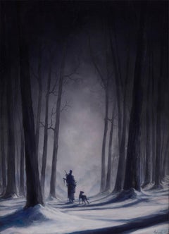 Junge mit Hund im Wald bei Nacht