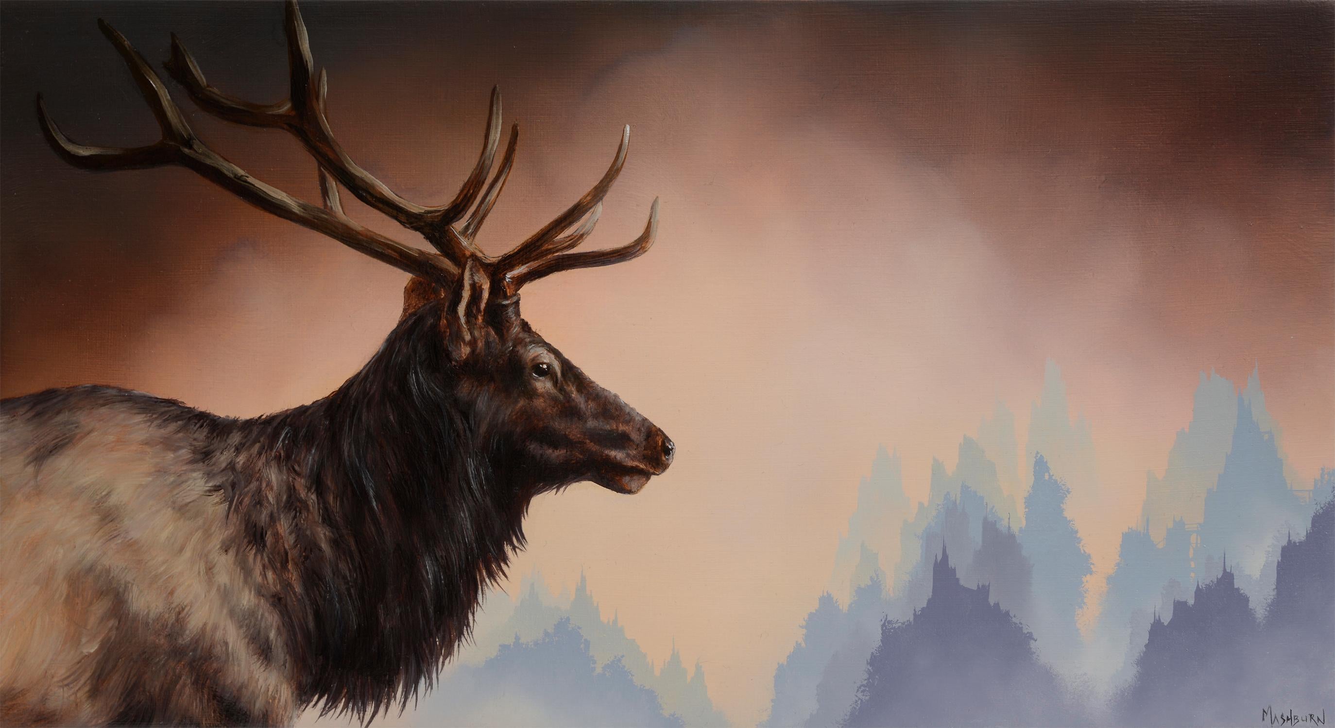 "Bull Elk" Pittura ad olio originale fatta a mano