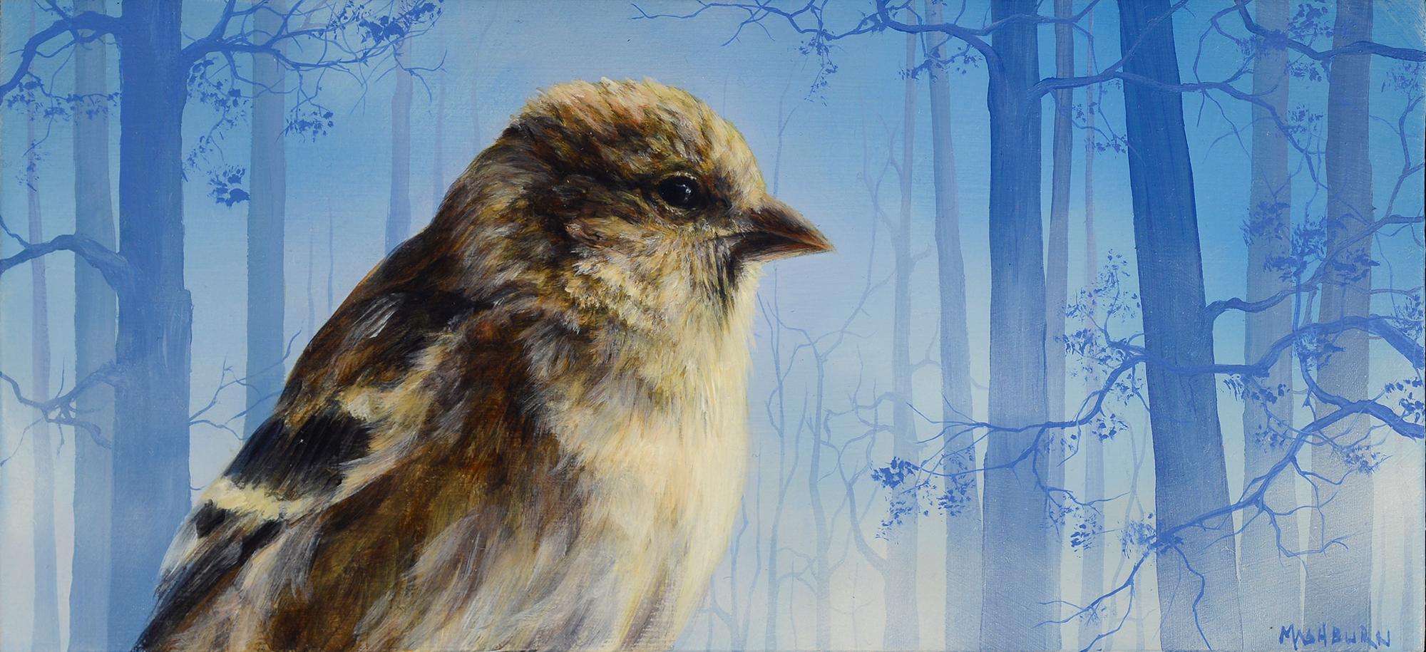 Brian Mashburn Animal Painting - "Goldfinch in Winter" Original oil painting