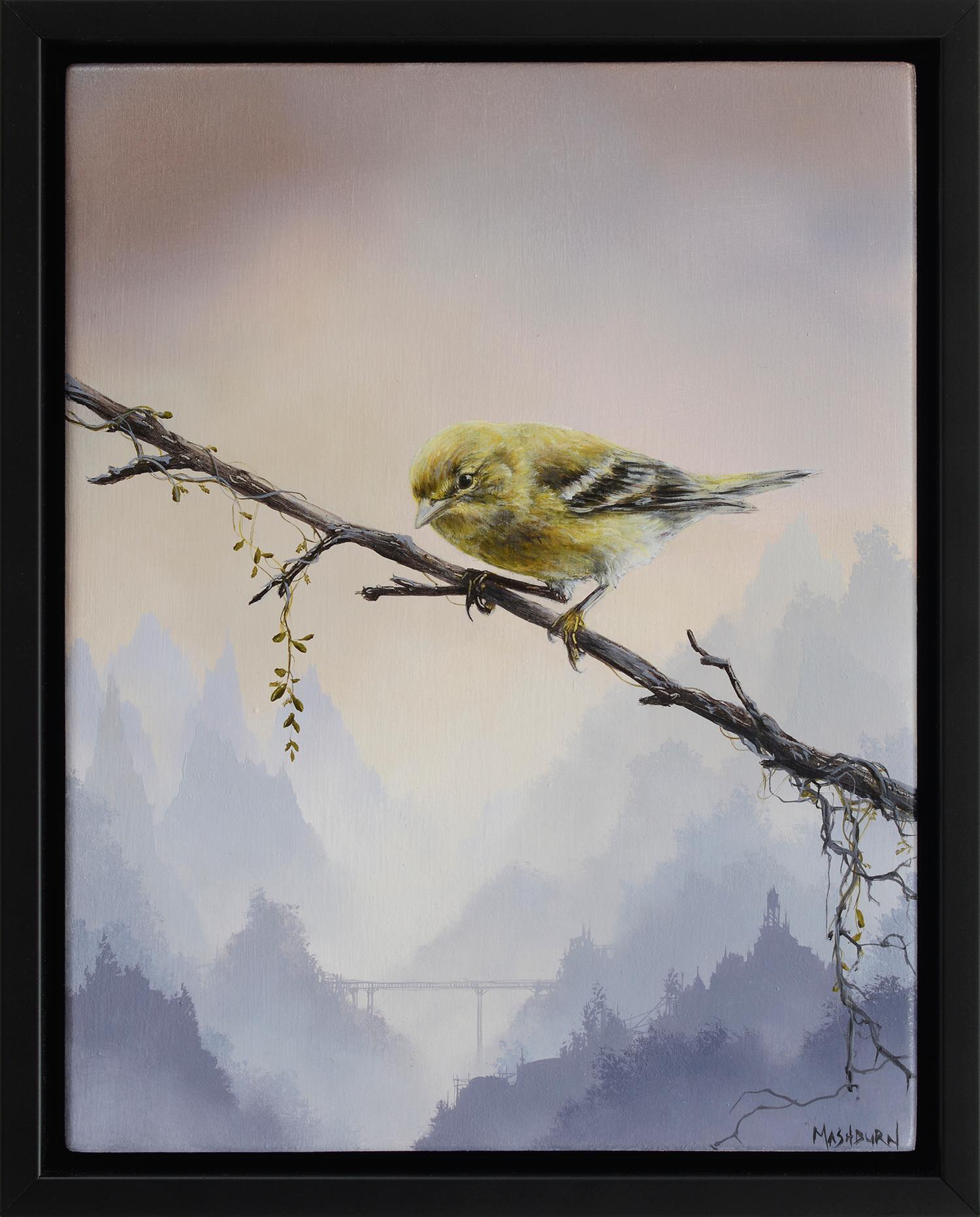 Original-Ölgemälde „Pine Warbler auf einem Zweig gedrechselt“ – Painting von Brian Mashburn
