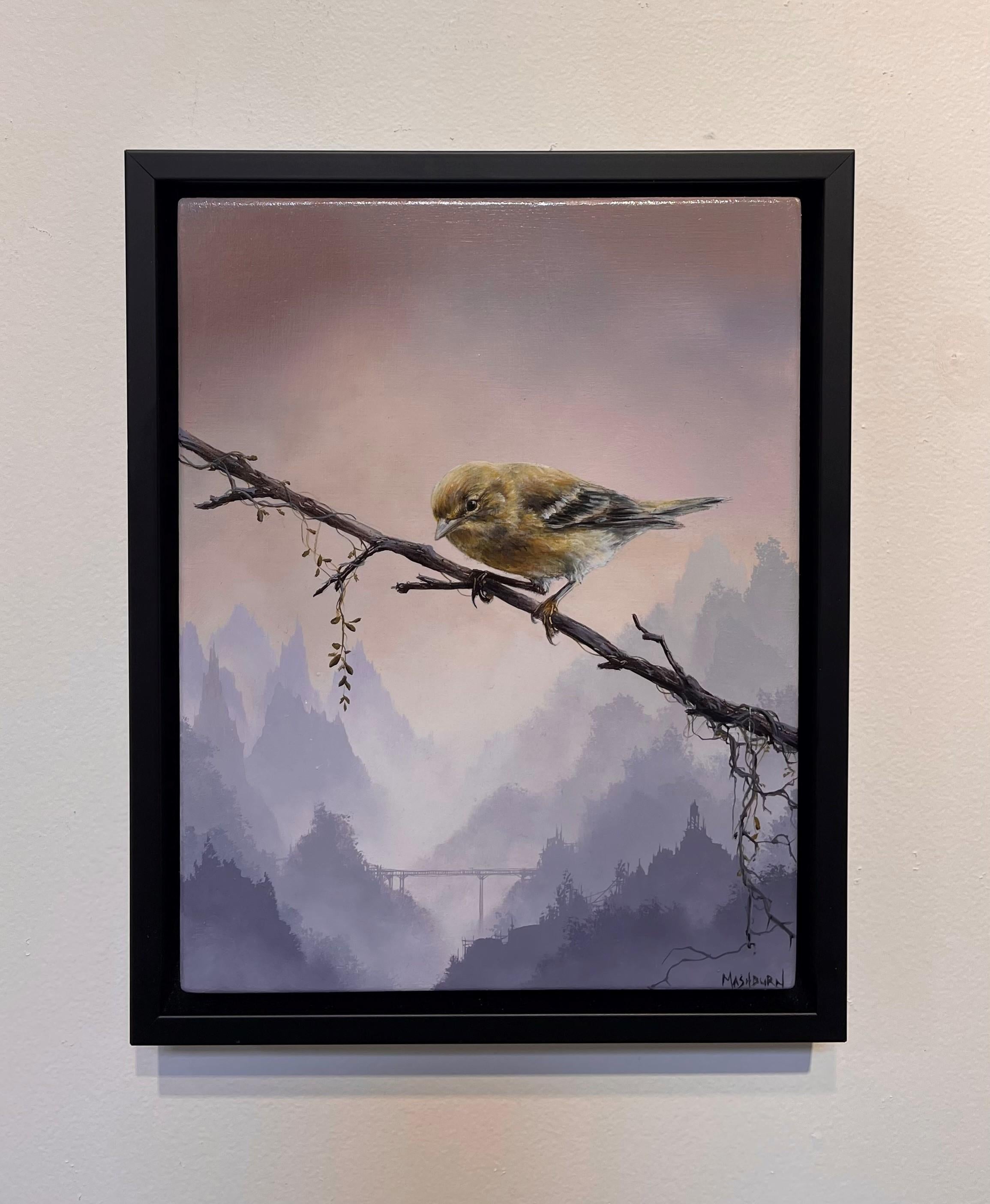 Original-Ölgemälde „Pine Warbler auf einem Zweig gedrechselt“ (Realismus), Painting, von Brian Mashburn