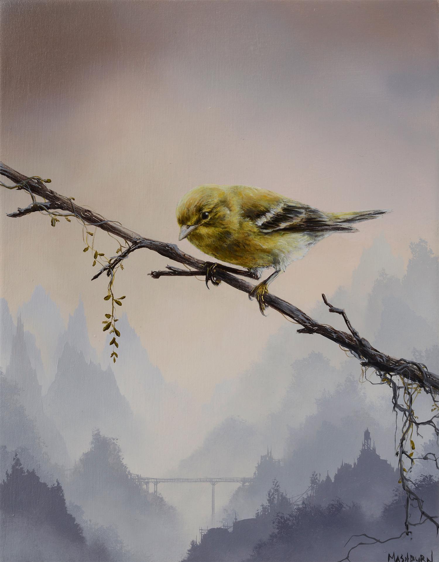 Brian Mashburn Landscape Painting - "Pine Warbler Perched On a Twig" Original oil painting