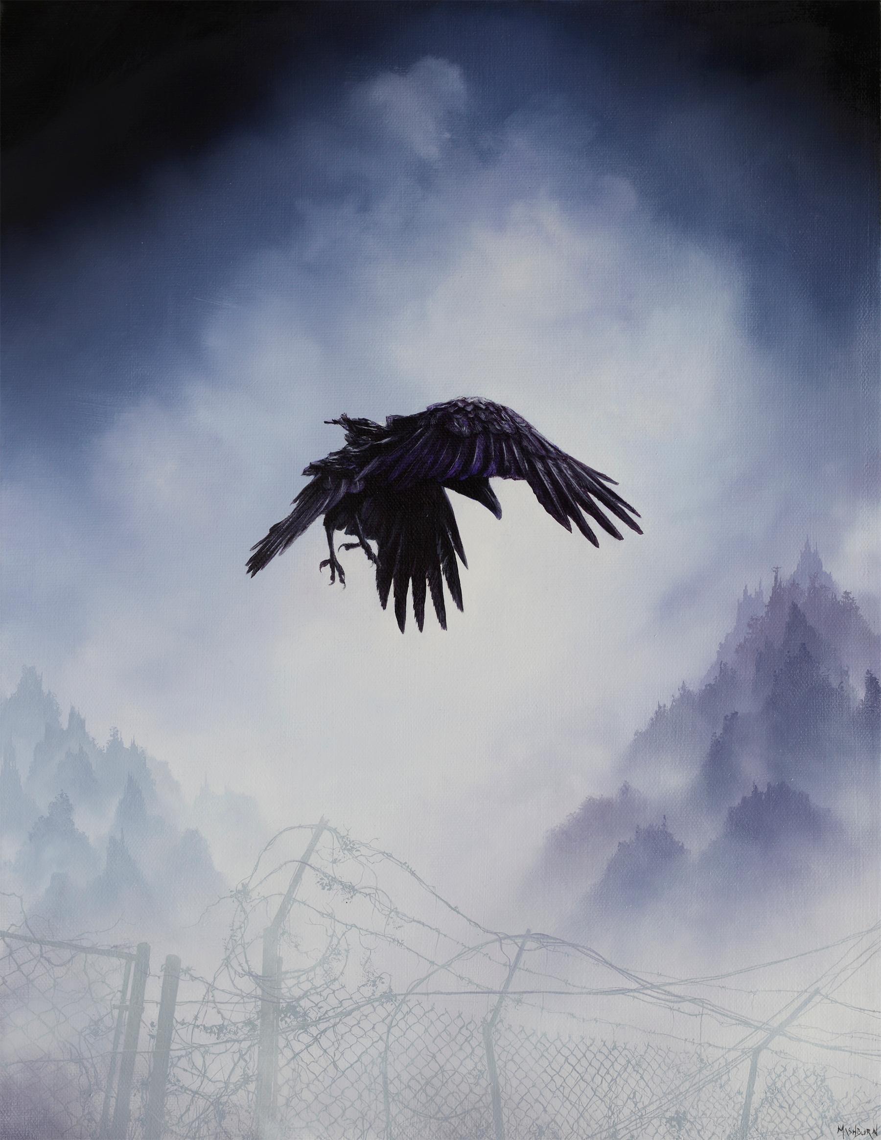 Brian Mashburn Animal Painting - "Raven Aloft Over Foggy Barbed Wire" Original oil painting