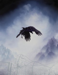 "Raven Aloft Over Foggy Barbed Wire" peinture à l'huile originale