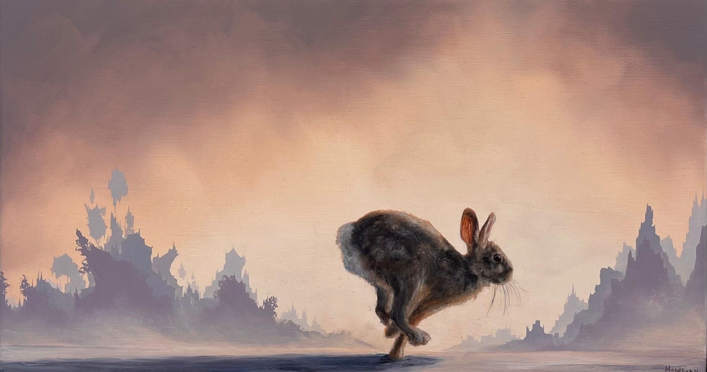 « Running Rabbit », peinture à l'huile originale d'un paysage