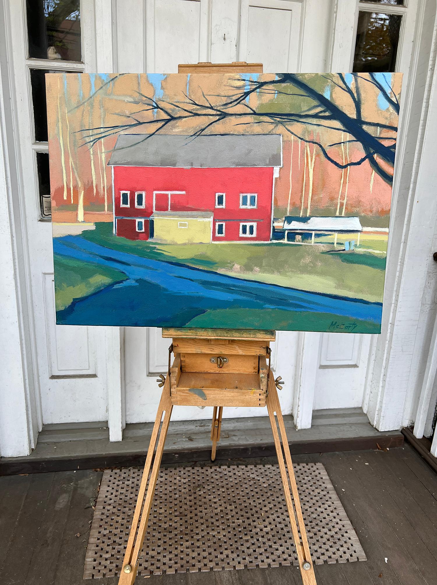 <p>Artist Comments<br>A two-story red barn and a small shed sit quietly on the land. Sunlight washes over the landscape while a shadowed path leads through the scene. Autumn trees provide a warm background, and bare branches frame the serene New