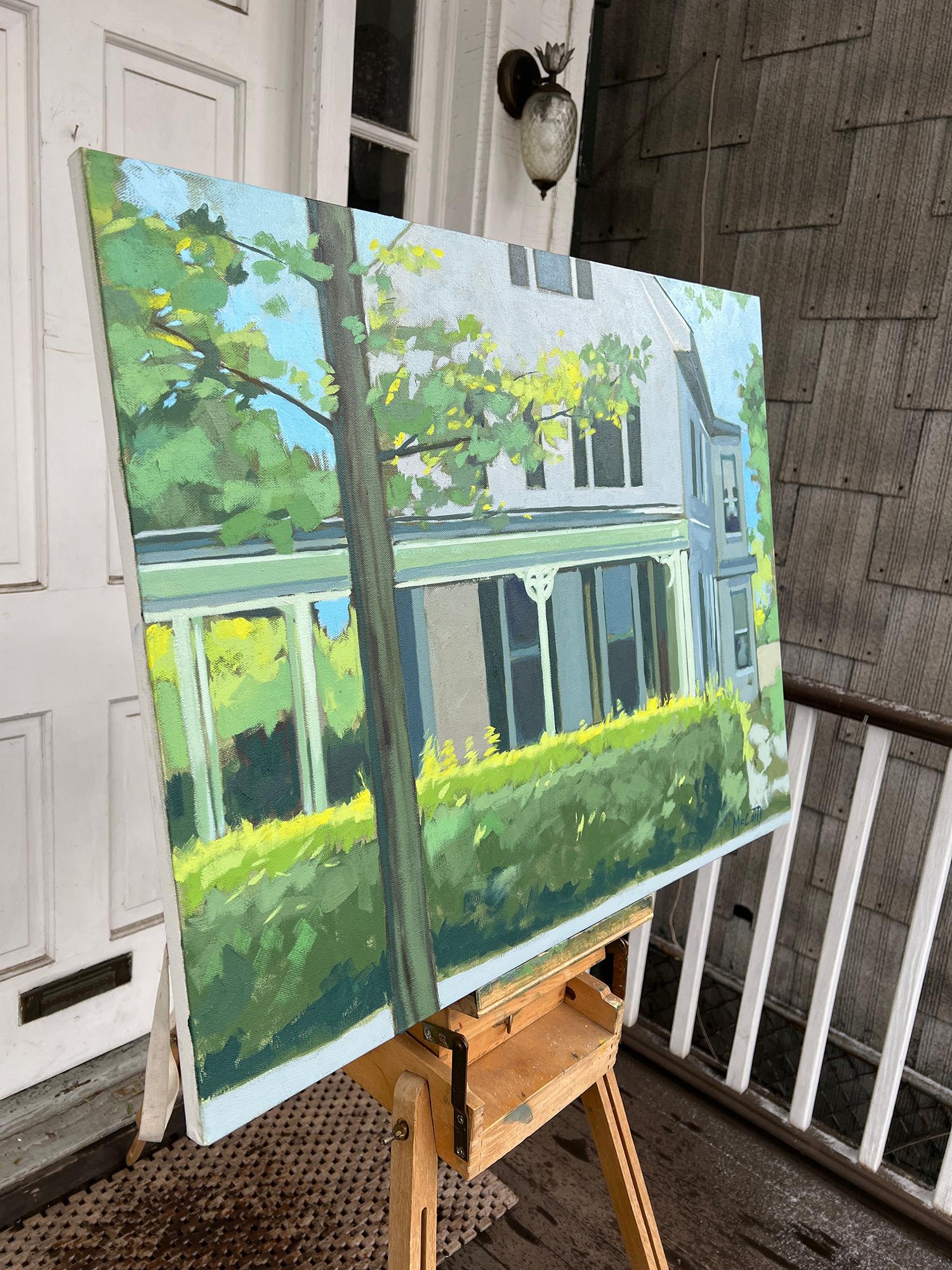 <p>Artist Comments<br>As the day nears its end, the summer sun casts a warm glow upon this rural landscape. The green hedge and surrounding foliage bask in the afternoon light, while the Victorian house stands among the shades. The painting conveys