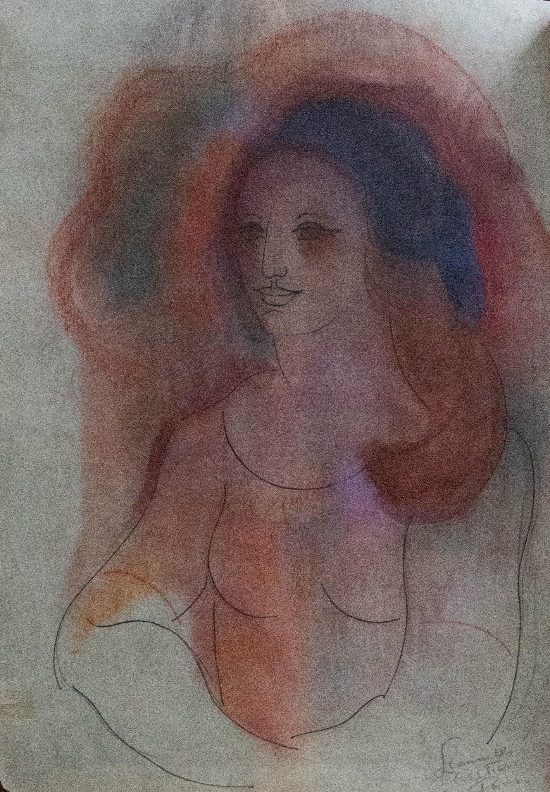 An ethereal portrait of a mysterious woman with a gentle smile in a mix of pastel, pen and ink and watercolour wash..She is swathed in reddish hues. The artist has inscribed (possibly the sitter's name and location) to the lower right. On vellum.
