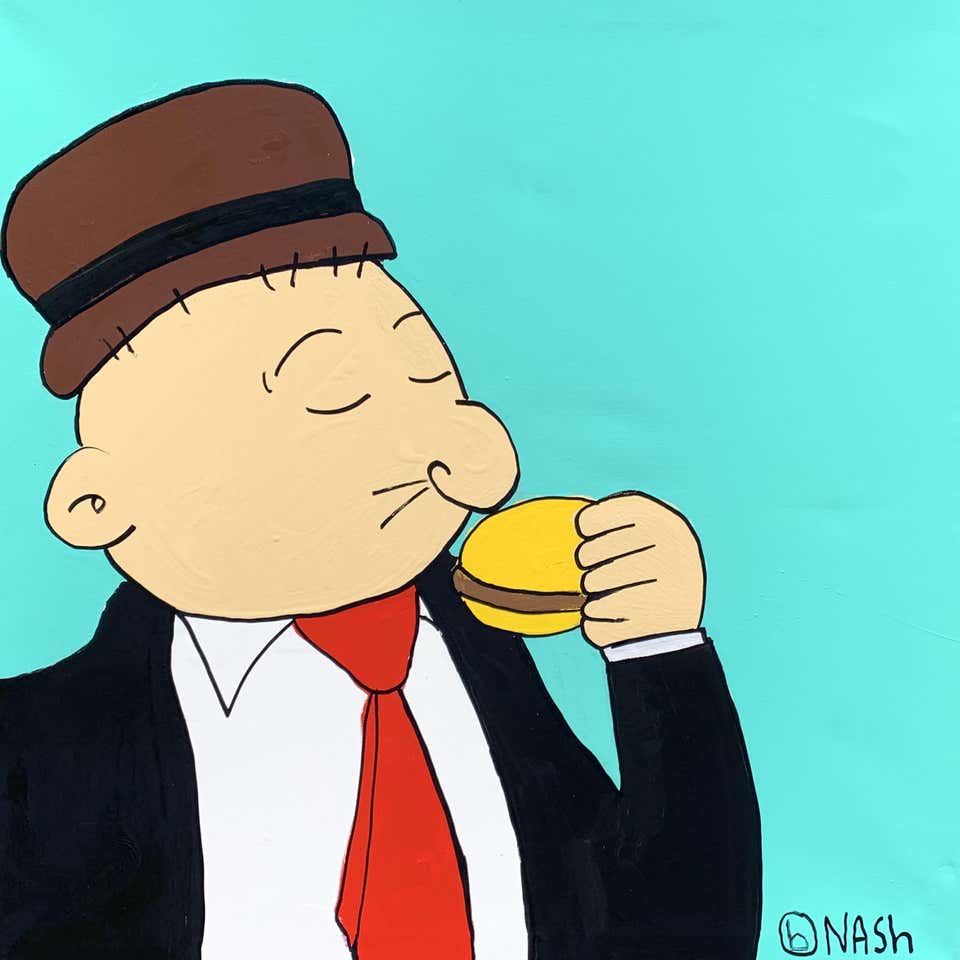 Hamburger Painting - 42 For Sale on 1stDibs | popeye hamburger guy