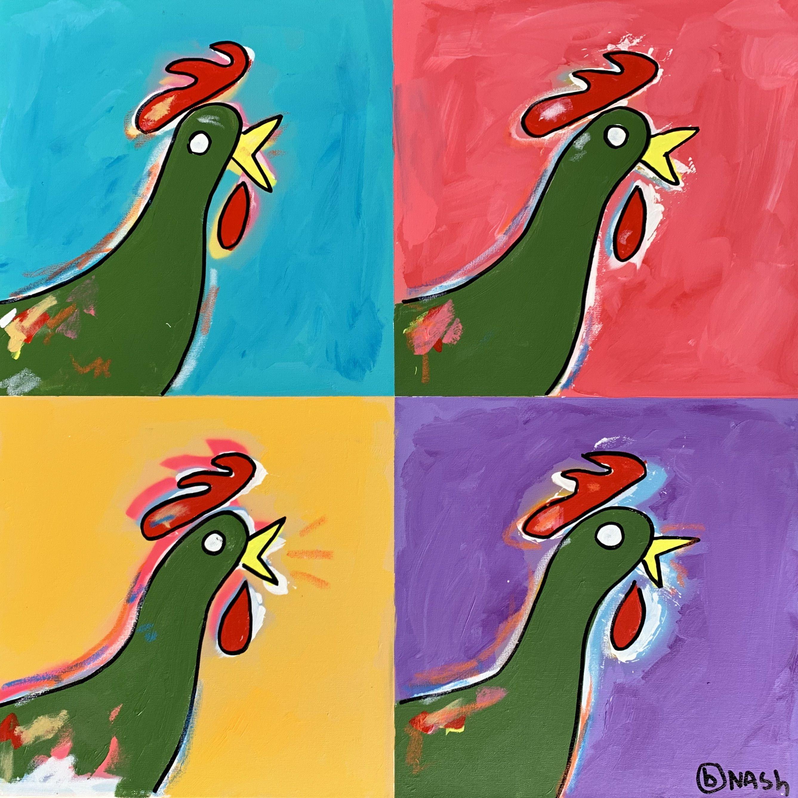 Gallo di Kellogg's, Pittura, Acrilico su tela - Painting di Brian Nash