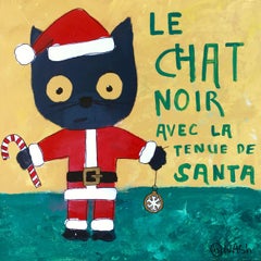 Le Chat Noir avec la tenue de Santa, peinture, acrylique sur toile