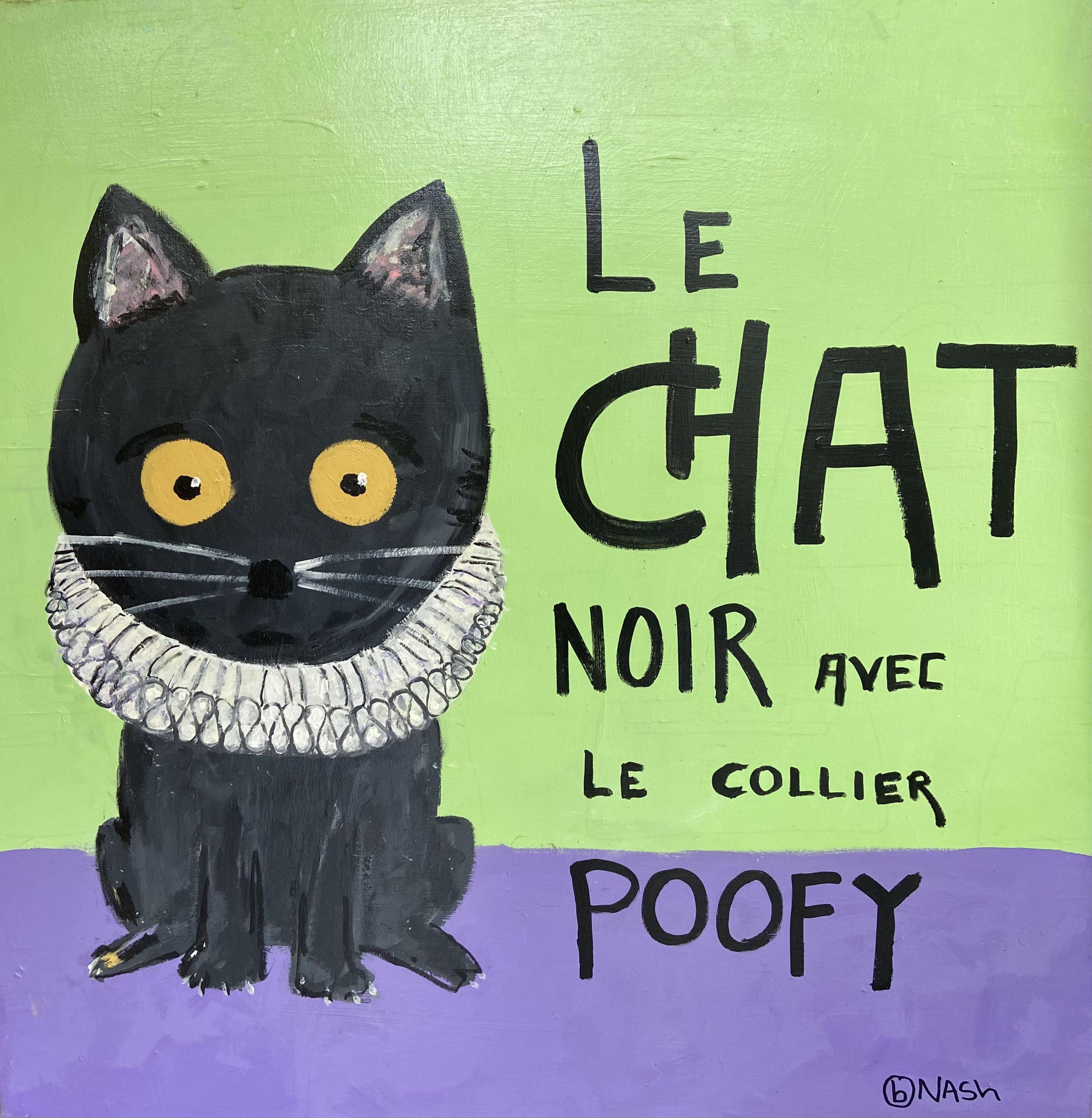 Animal Painting Brian Nash - « Le Chat Noir avec le Collier Poofy », peinture, acrylique sur toile