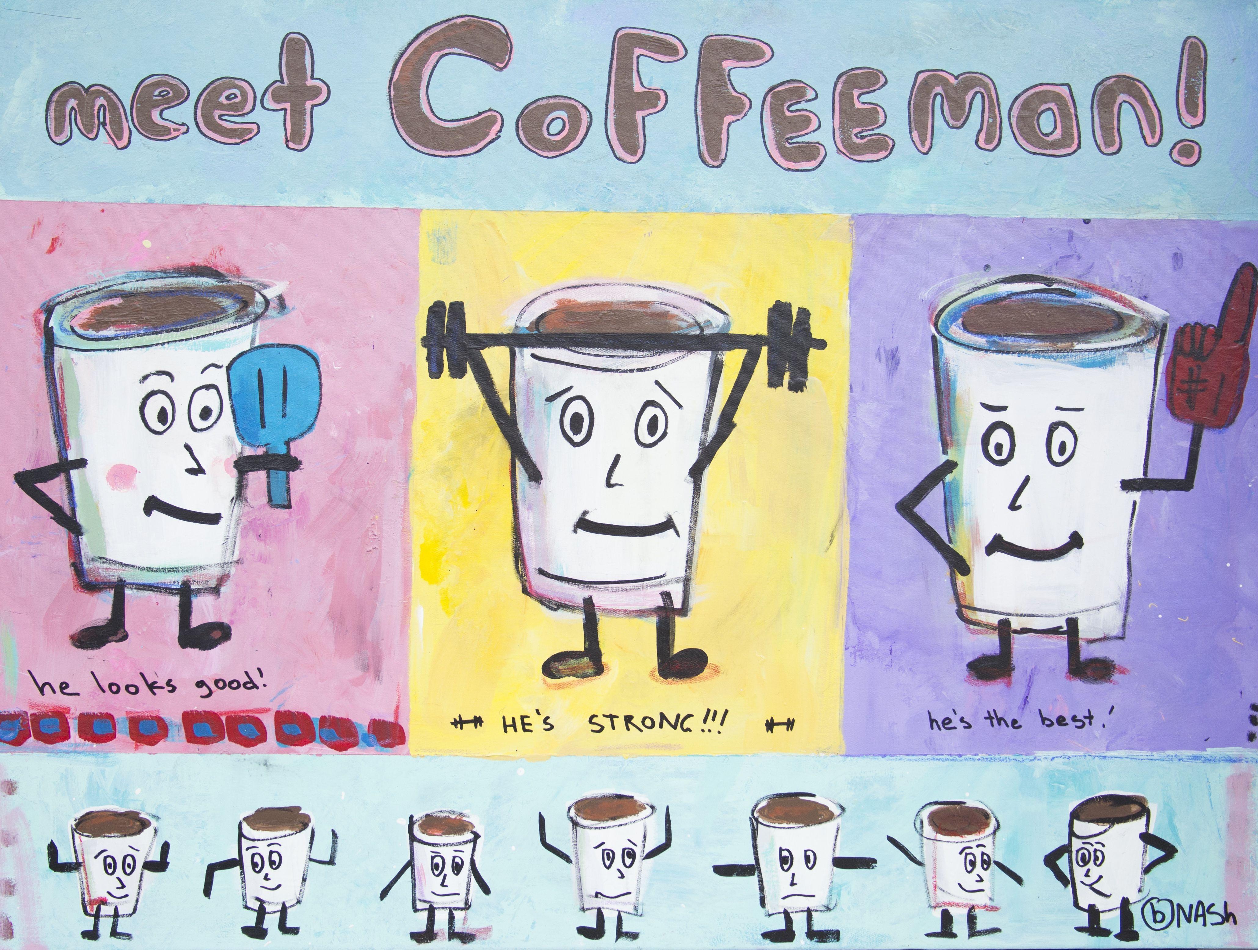 Meet Coffeeman, Pittura, Acrilico su tela - Painting di Brian Nash