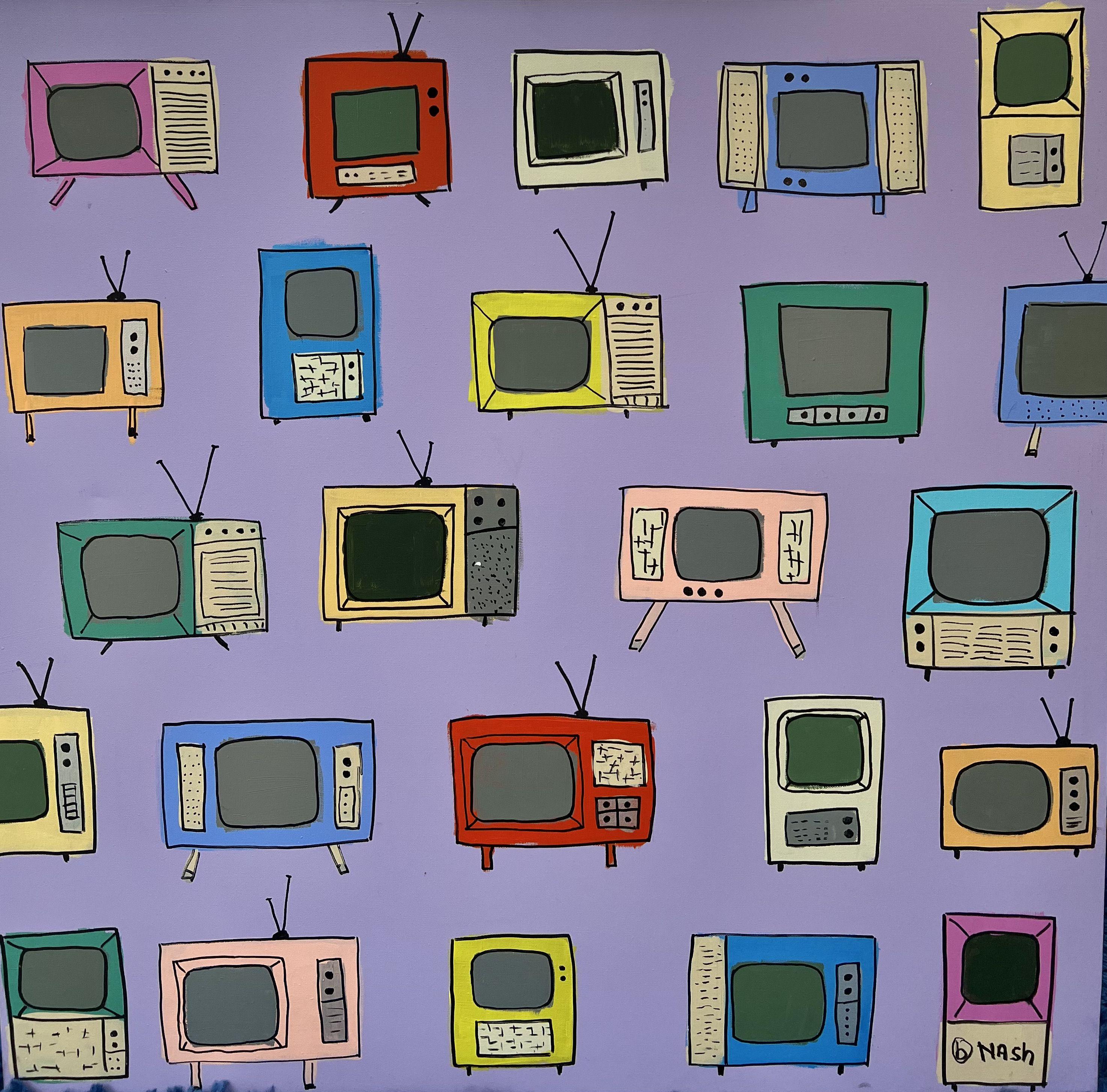 So many televisions and not a thing to see. :: Painting :: Pop-Art :: This piece comes with an official certificate of authenticity signed by the artist :: Ready to Hang: Yes :: Signed: Yes :: Signature Location: right :: Canvas :: Diagonal ::